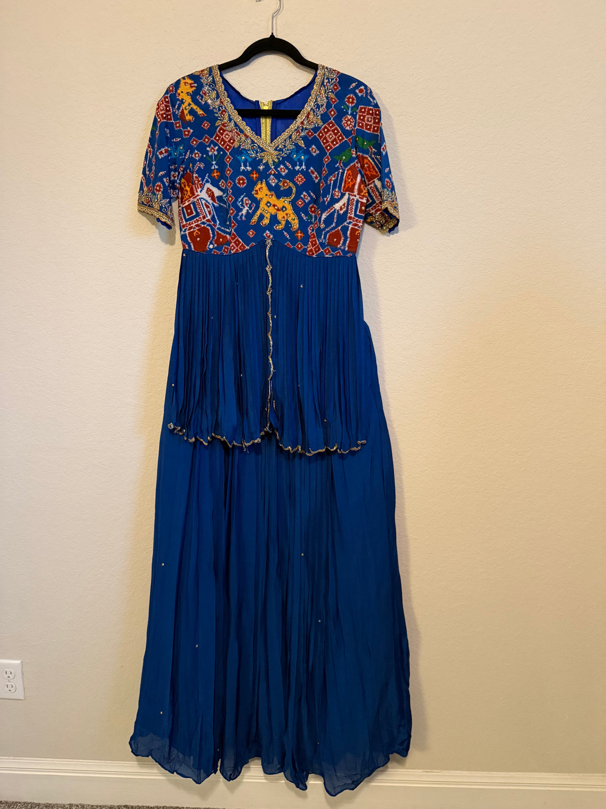 Blue Pure Patola Peplum Top with Skirt Set