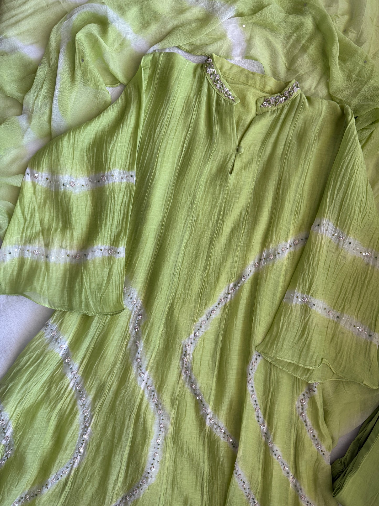 Parrot green mul chanderi A-line kurti set with chiffon dupatta