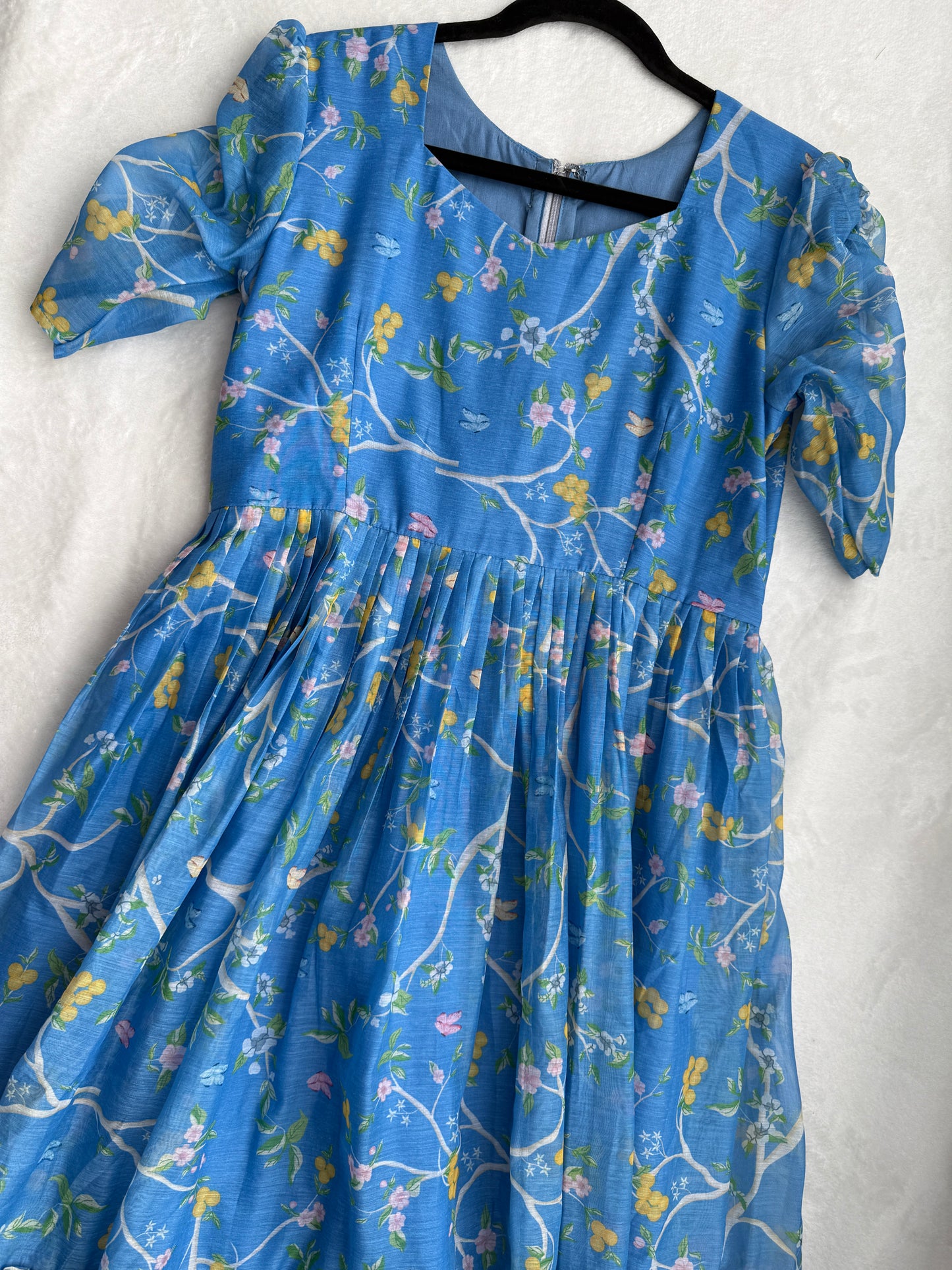 Blue floral mul chanderi midi dress