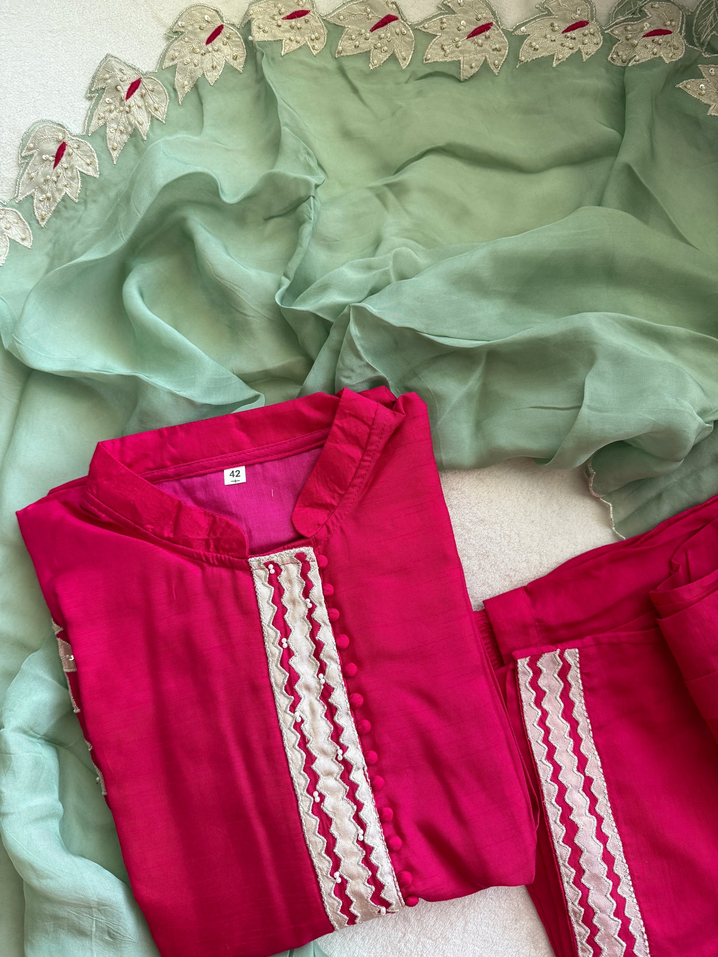 Pink applique straight cut kurti set with mint green applique cut work dupatta