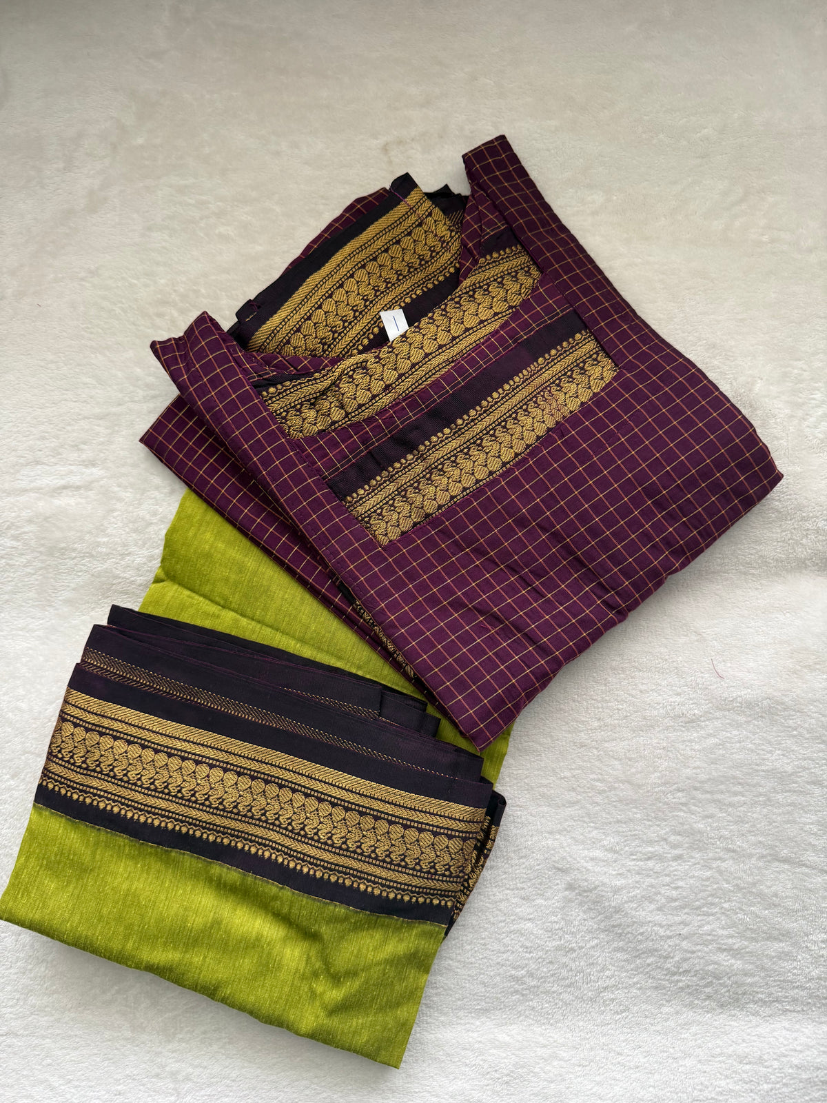 Magenta with Parrot Green Handloom Checks Top and Dupatta Set