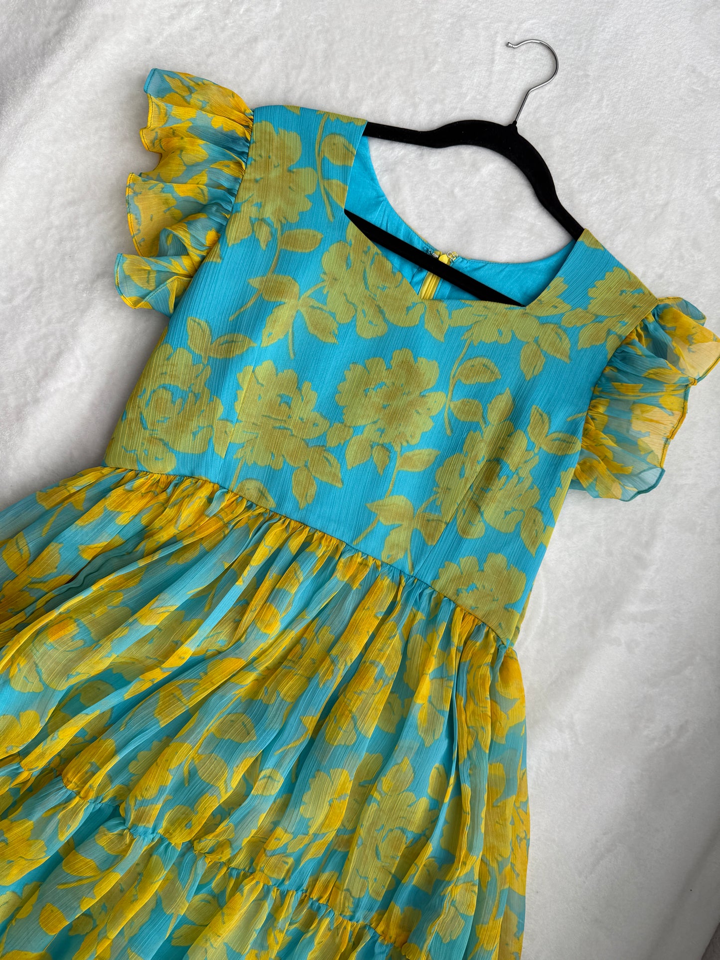 Teal blue and yellow floral chiffon midi dress