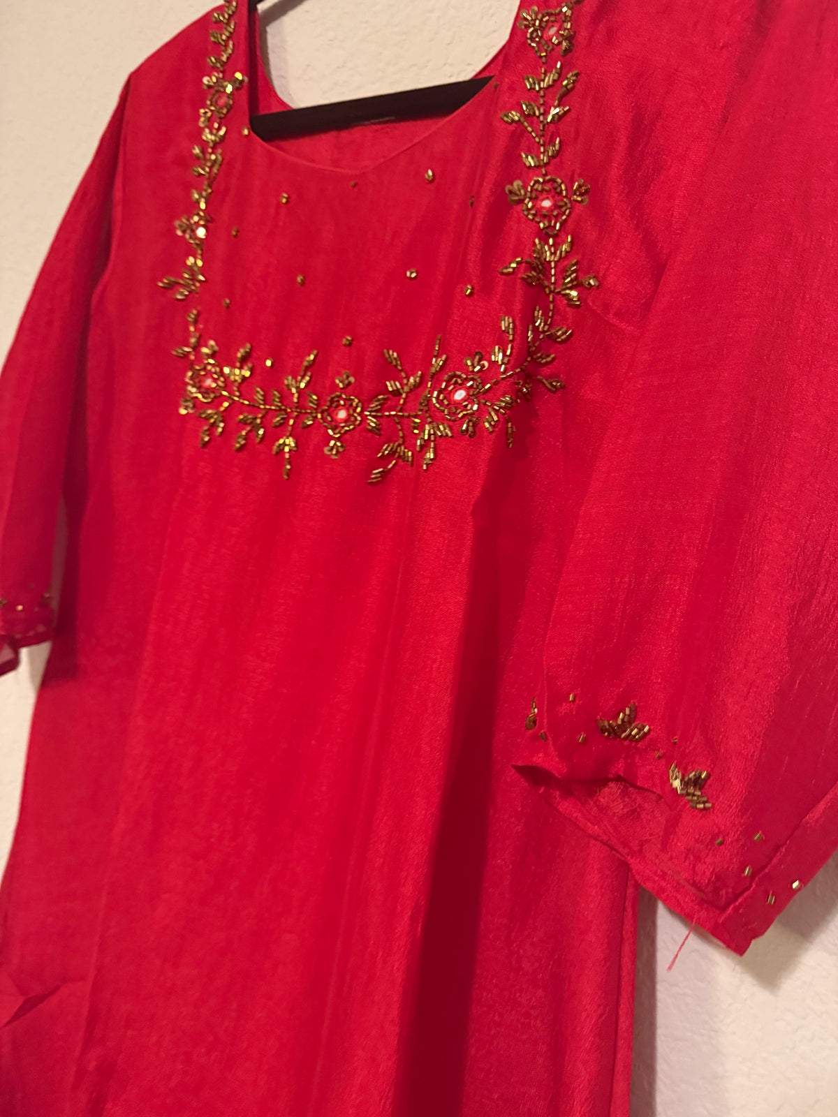 Red Vichitra Silk A-line Handwork Festive Kurti