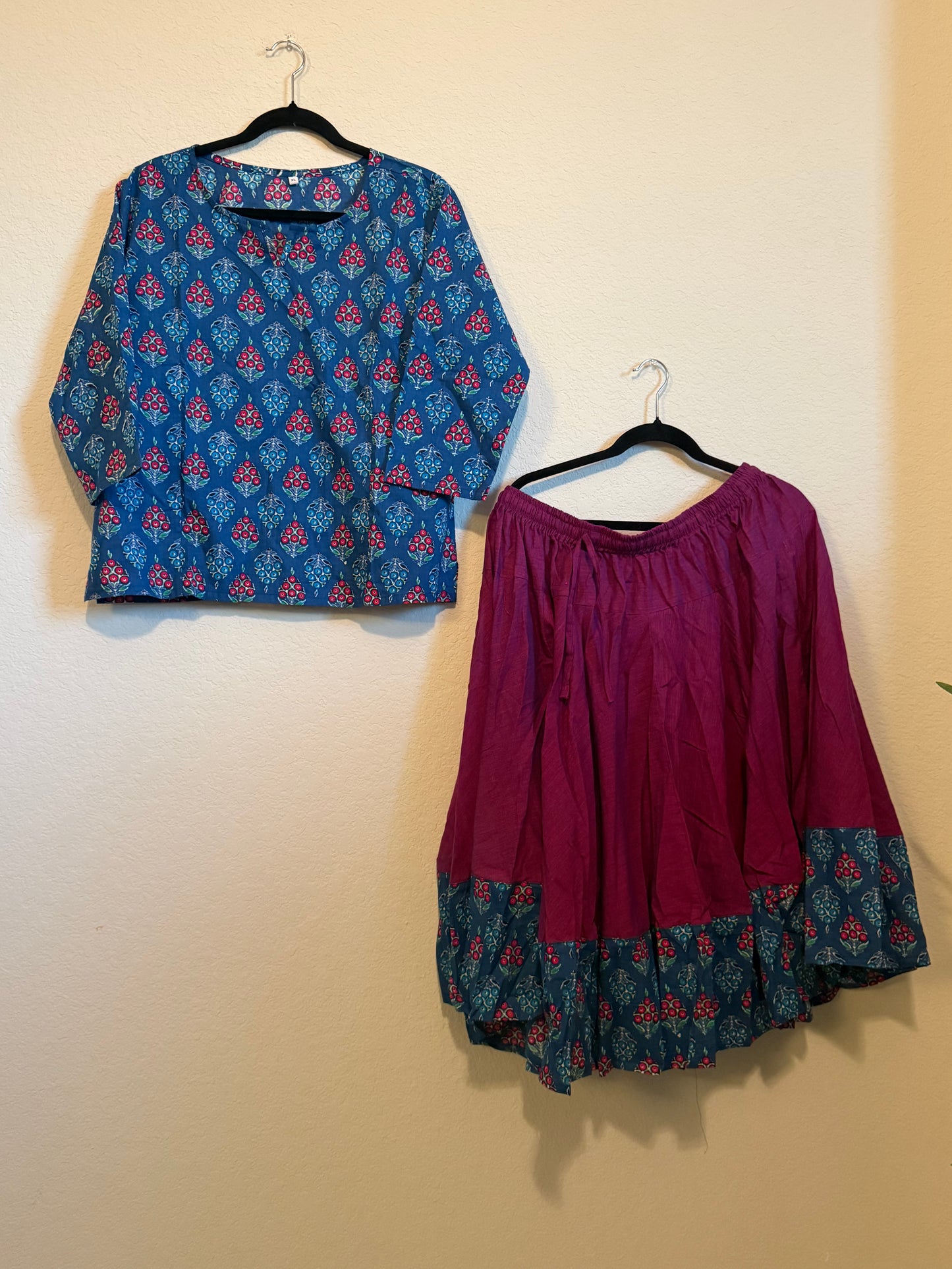 Magenta cotton skirt with indigo blue top - set