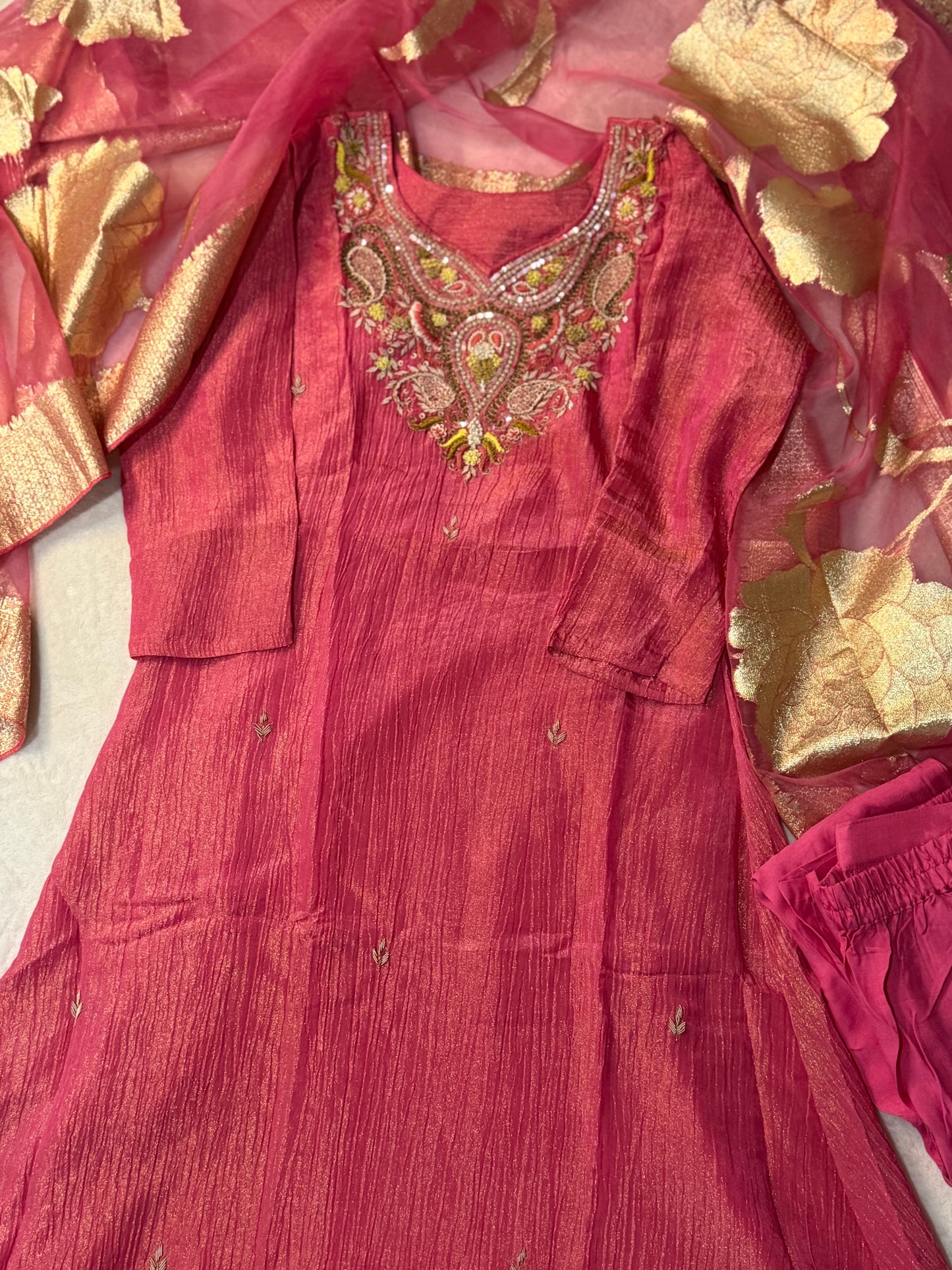 Pink shade crush tissue A-line kurti set with gorgeous banarasi dupatta