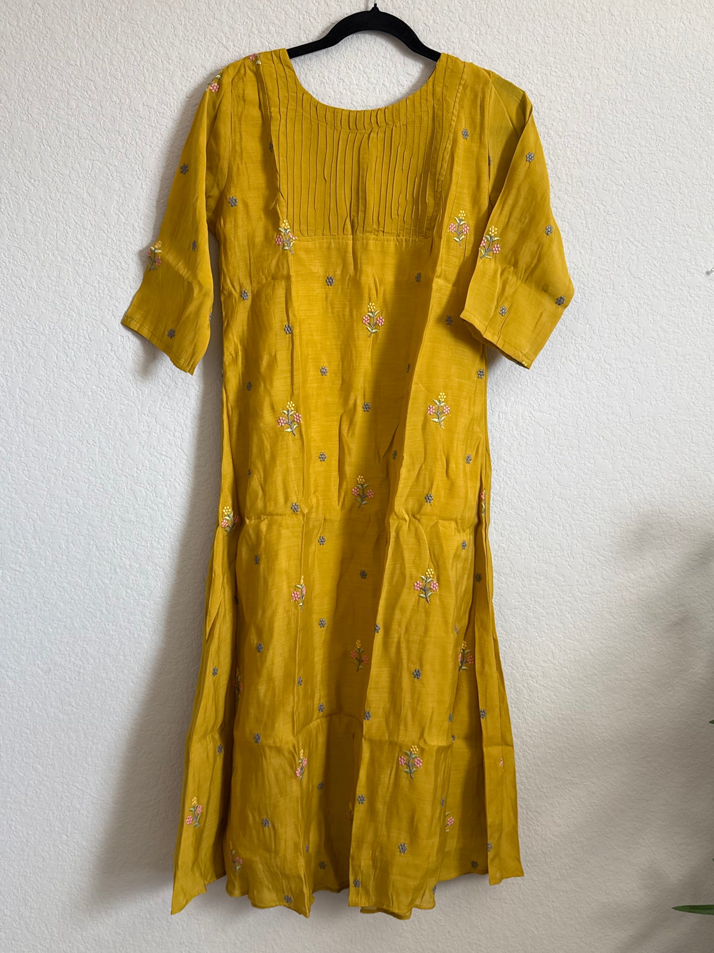 Yellow Floral Embroidered Mul Chanderi A-line Kurti