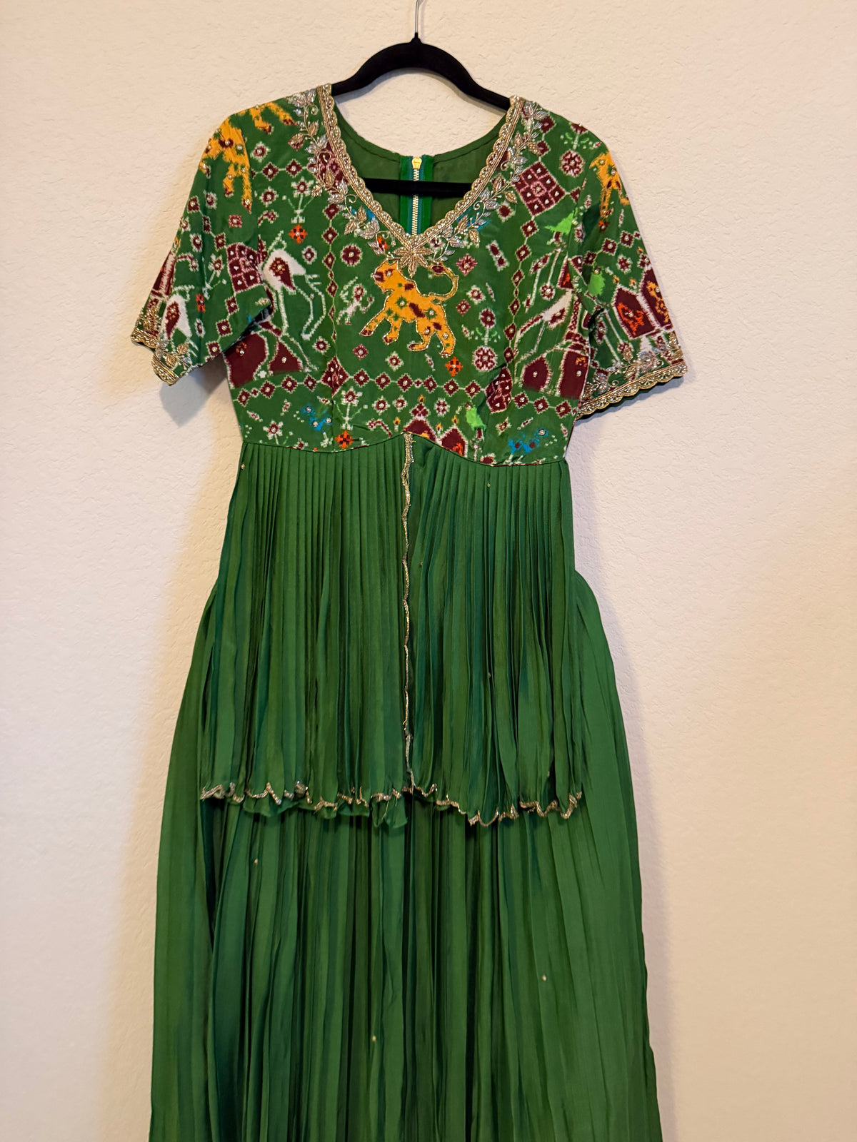 Green Pure Patola Peplum Top with Skirt Set