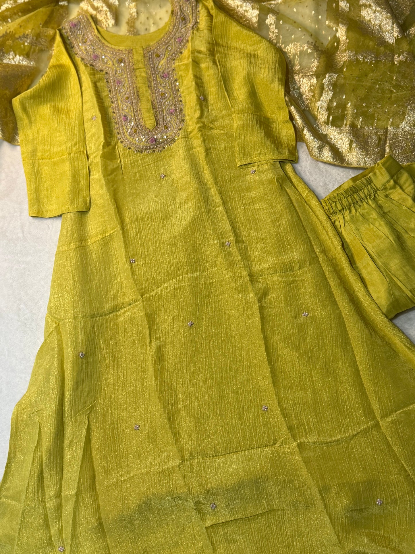 Beautiful yellow shade crush tissue kurti set with banaras dupatta