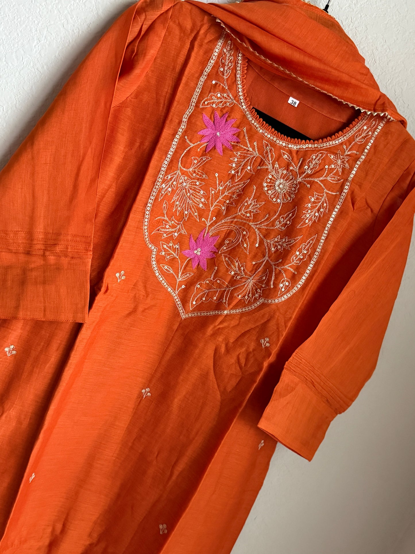 Rust Orange Mul Chanderi Straight Cut Kurti Set with Dupatta – Elegant Party & Festive Wear