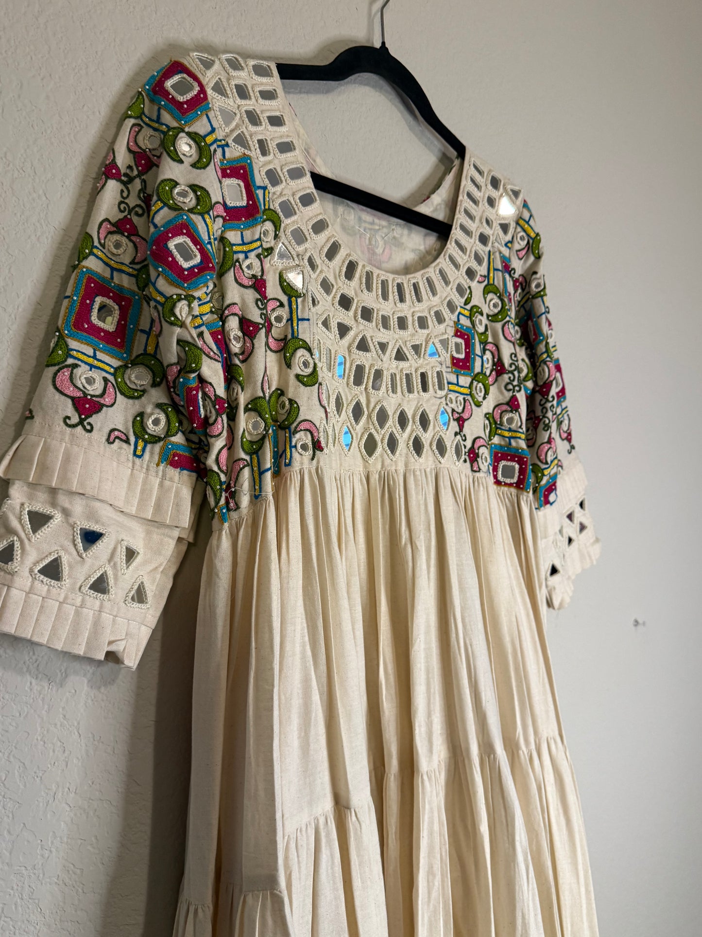 White Handwork Mirror Work Heavy Flared Anarkali Long Dress