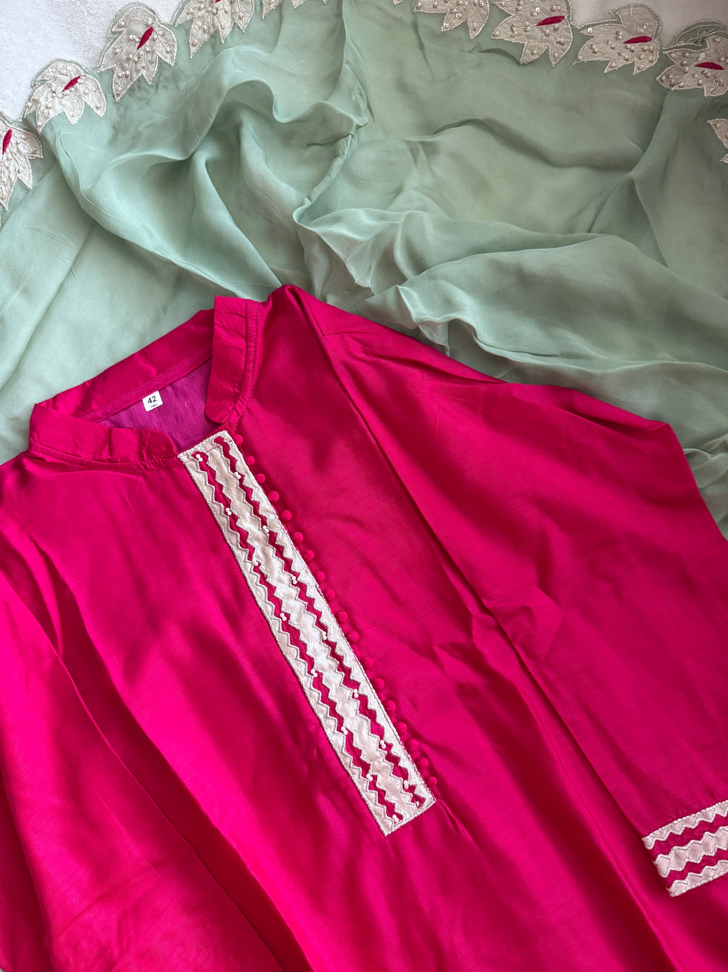 Pink applique straight cut kurti set with mint green applique cut work dupatta