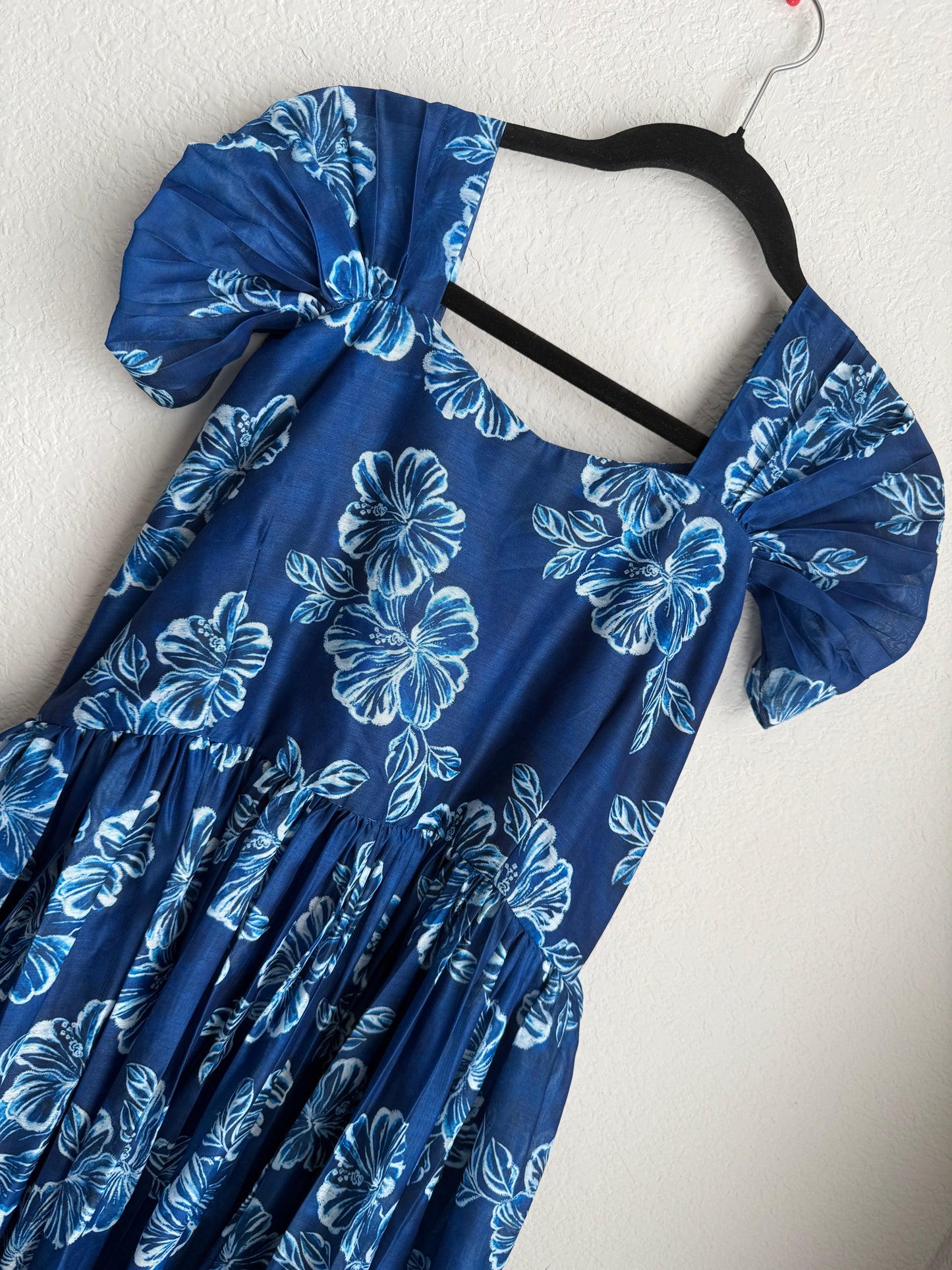Blue floral chanderi swan sleeve midi dress