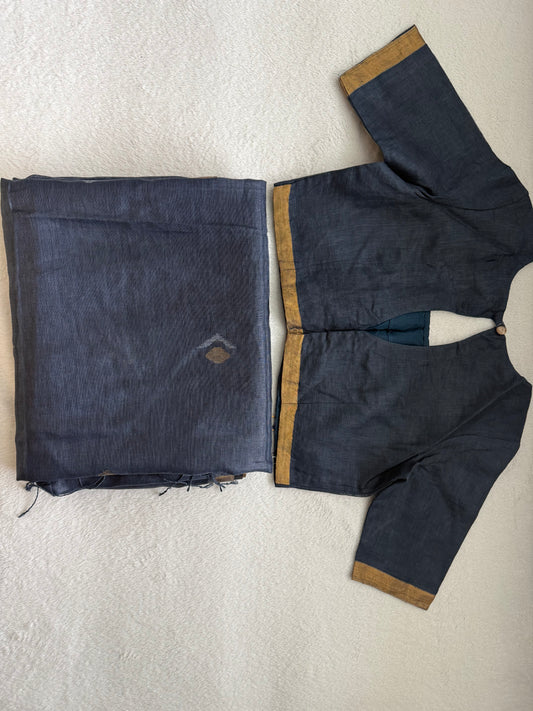 Dark Gray Lenin Handloom Jamdani Saree - with handloom mark
