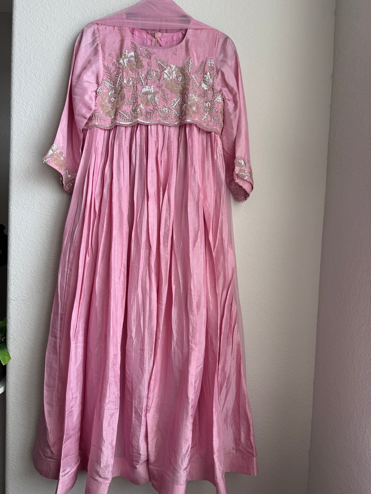 Baby pink uppada silk anarkali set with beautiful yolk detailing