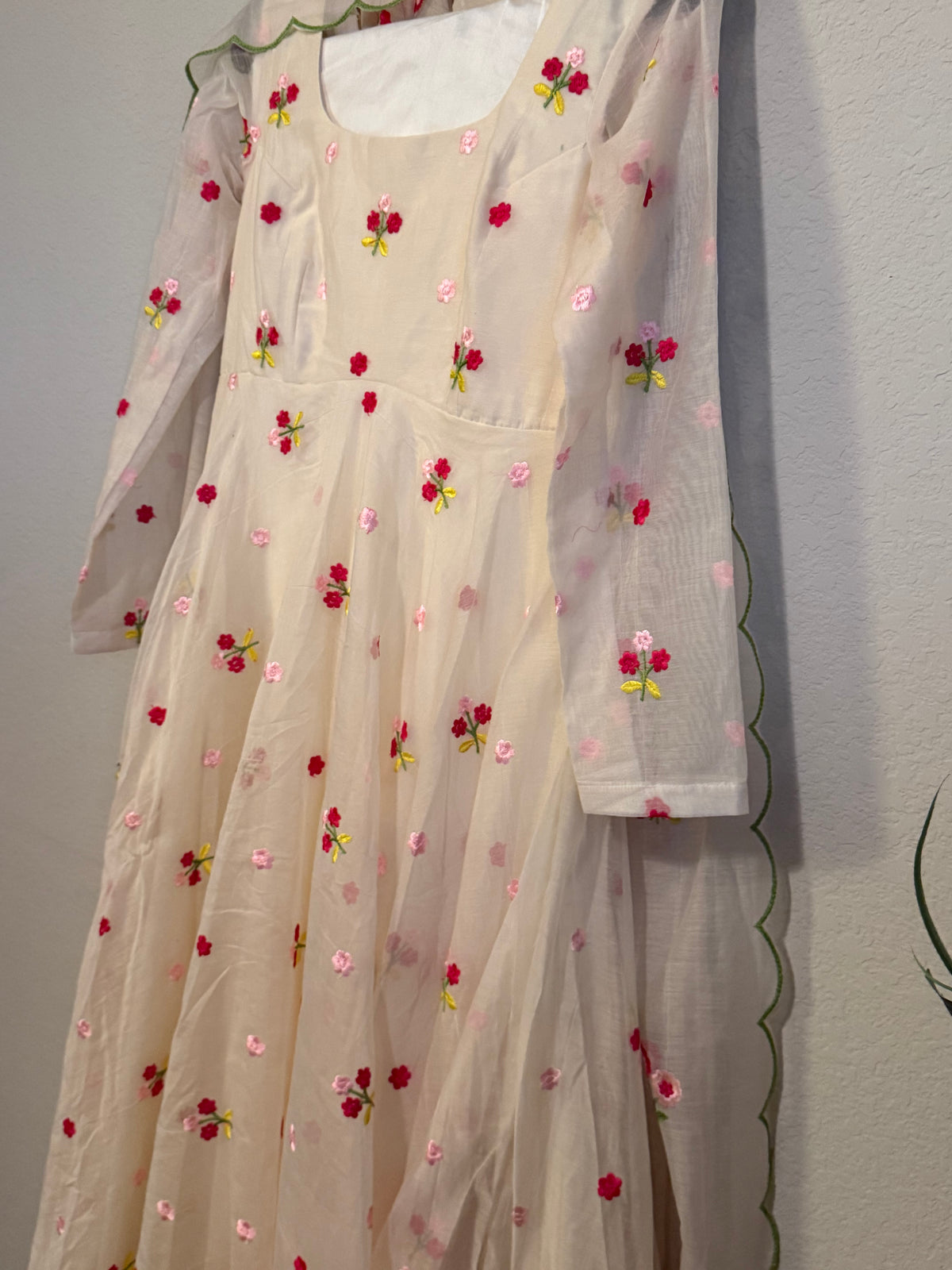 Ivory Shade Mul Chanderi Heavy Flared Floral Anarkali Set - Top, Pant and Dupatta
