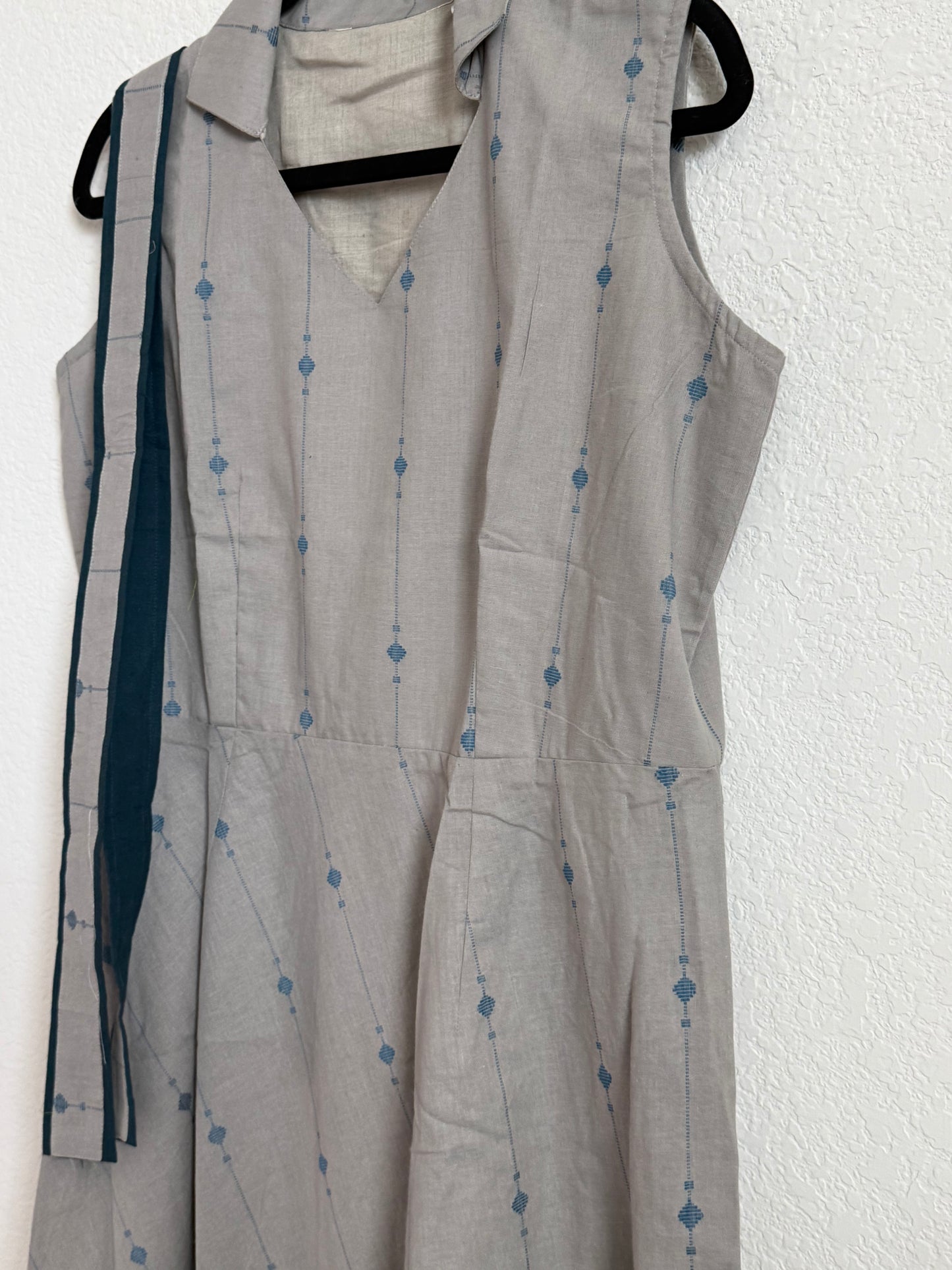 Gray with Blue Sleeveless Cotton Dress with Belt - Sleeves available