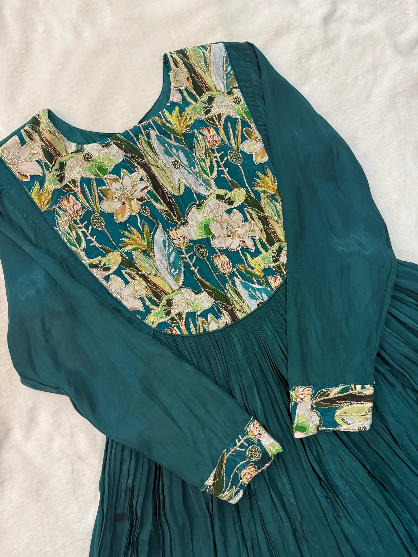 Bottle green crape silk anarkali tunic with yolk detailing