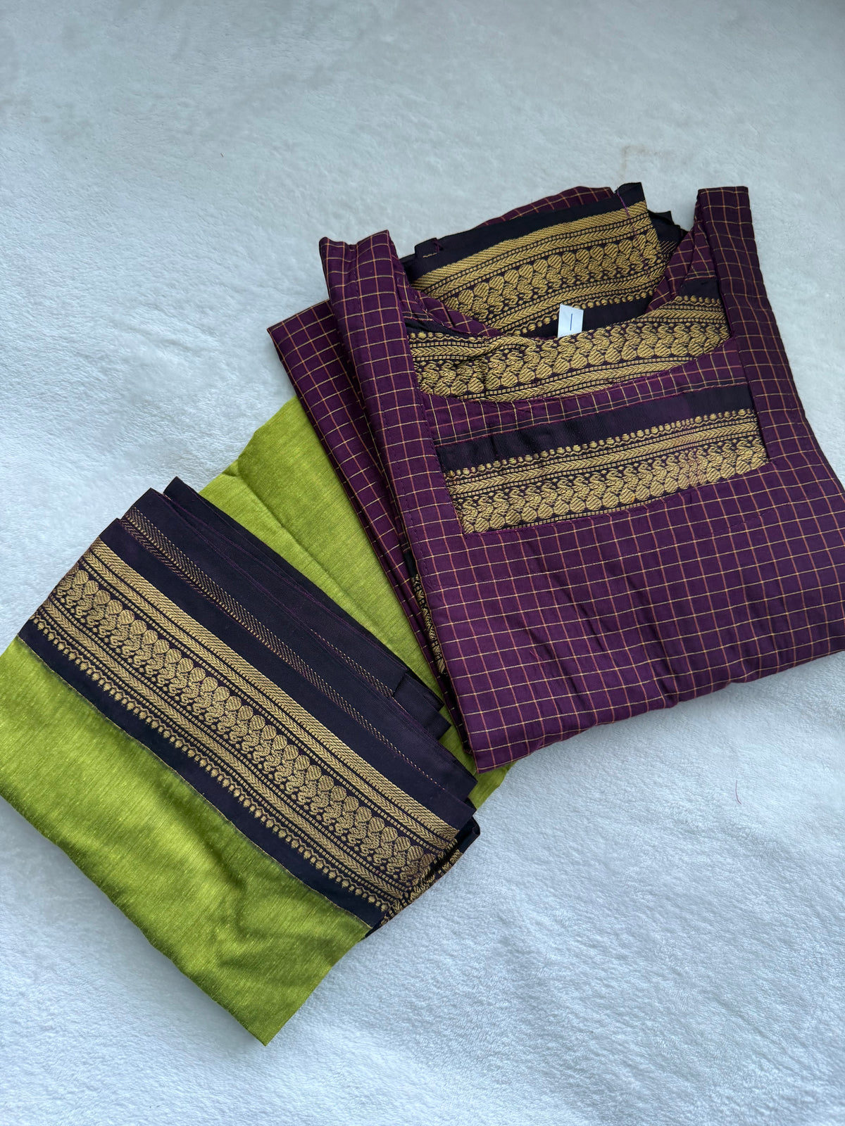 Magenta with Parrot Green Handloom Checks Top and Dupatta Set