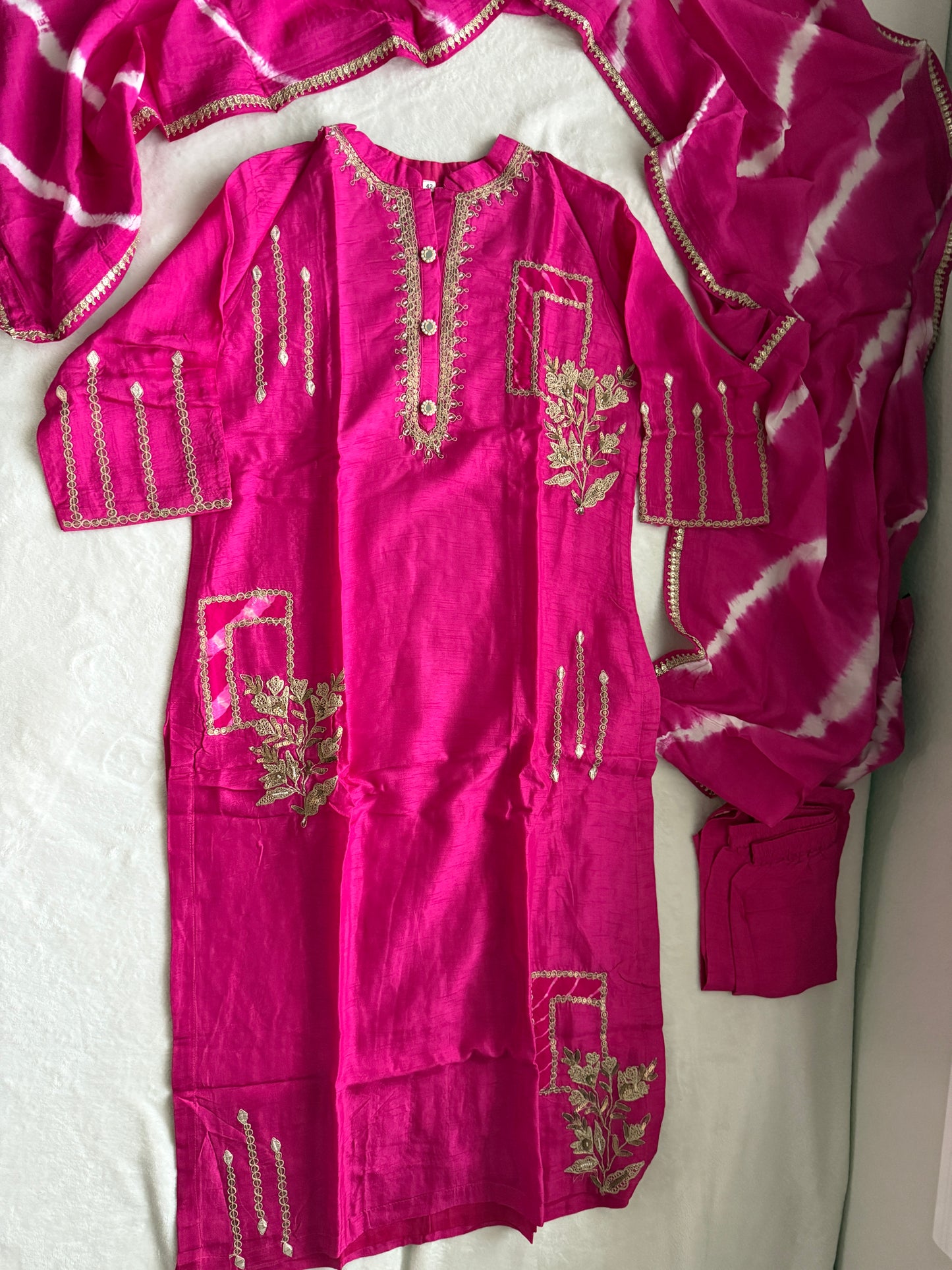 Pink Dola Silk Heavy Work Straight Cut Kurti Set with Leheriya Dupatta