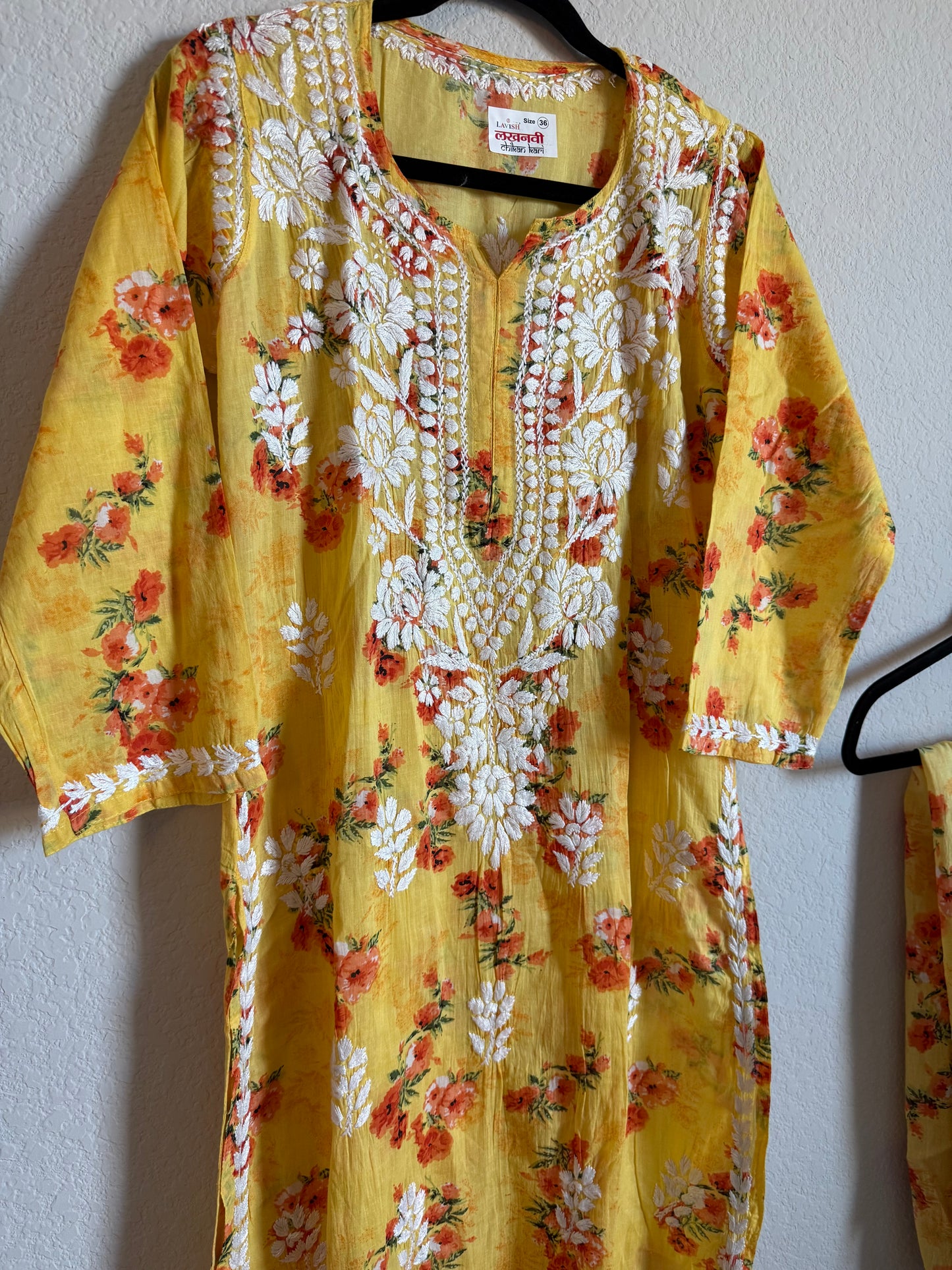 Yellow Floral Printed Cotton Chikankari Coord Set - Top with Palazzo