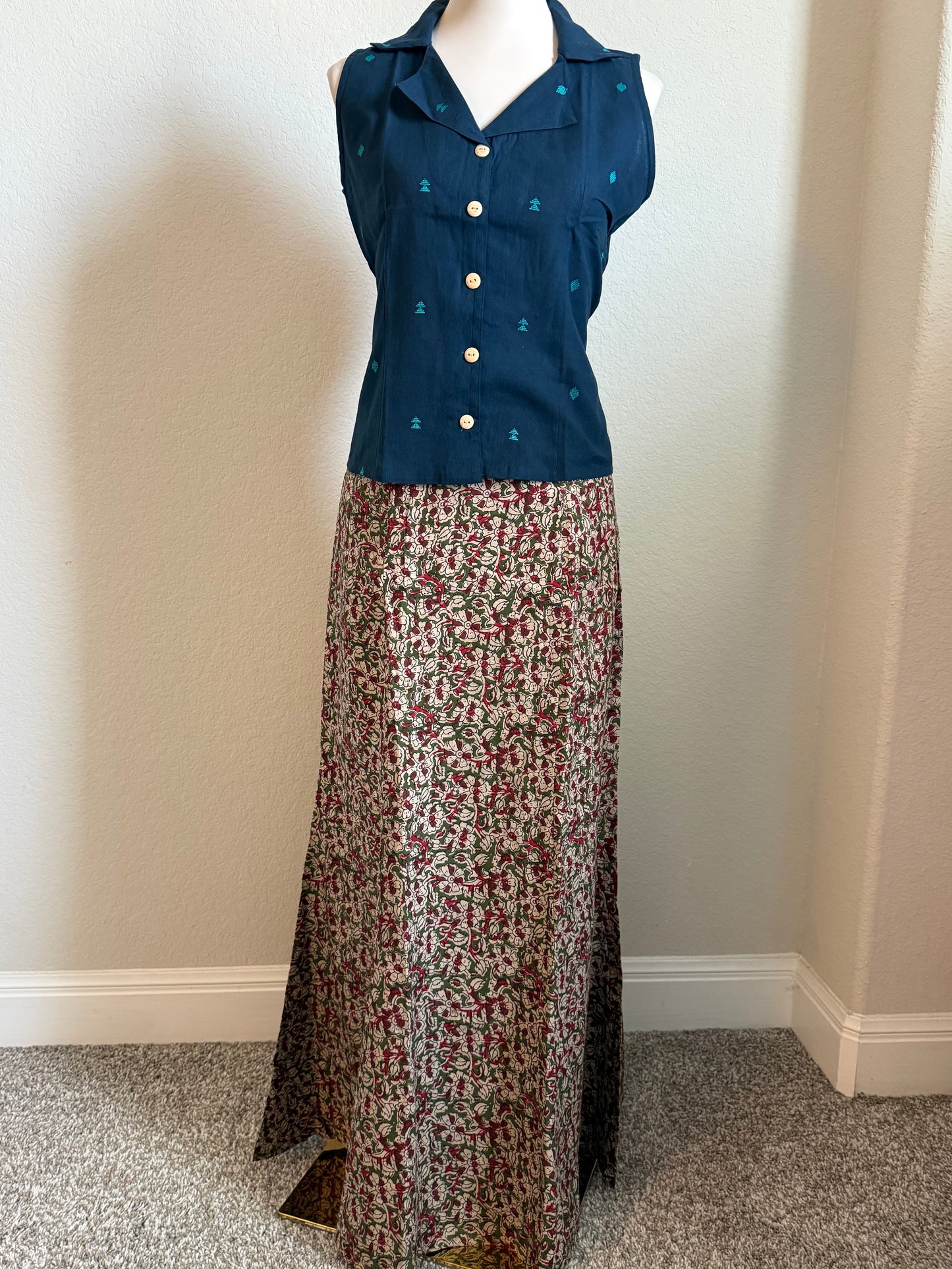 Blue Cotton Top with Kalamkari Long Skirt