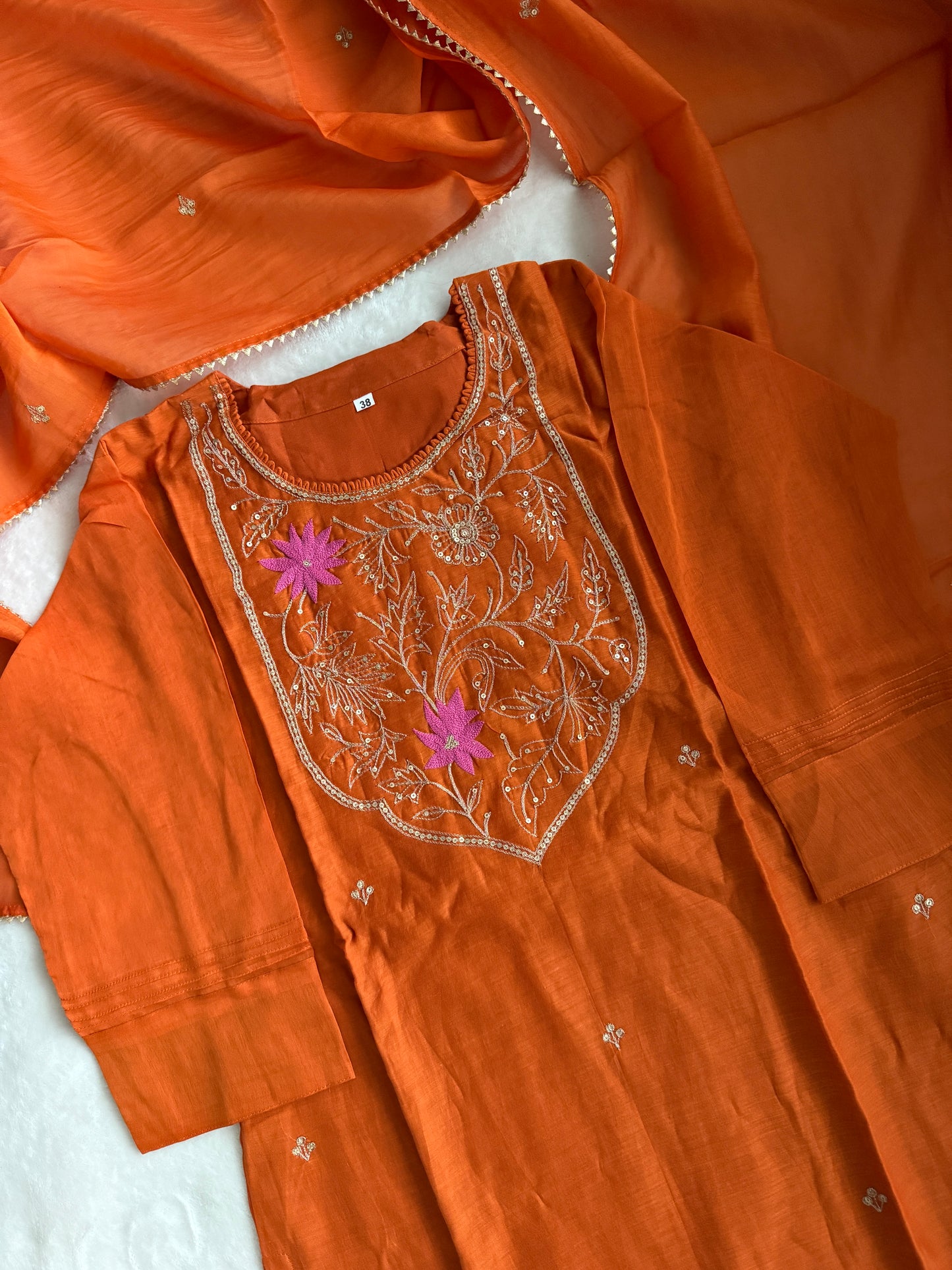 Rust Orange Mul Chanderi Straight Cut Kurti Set with Dupatta – Elegant Party & Festive Wear