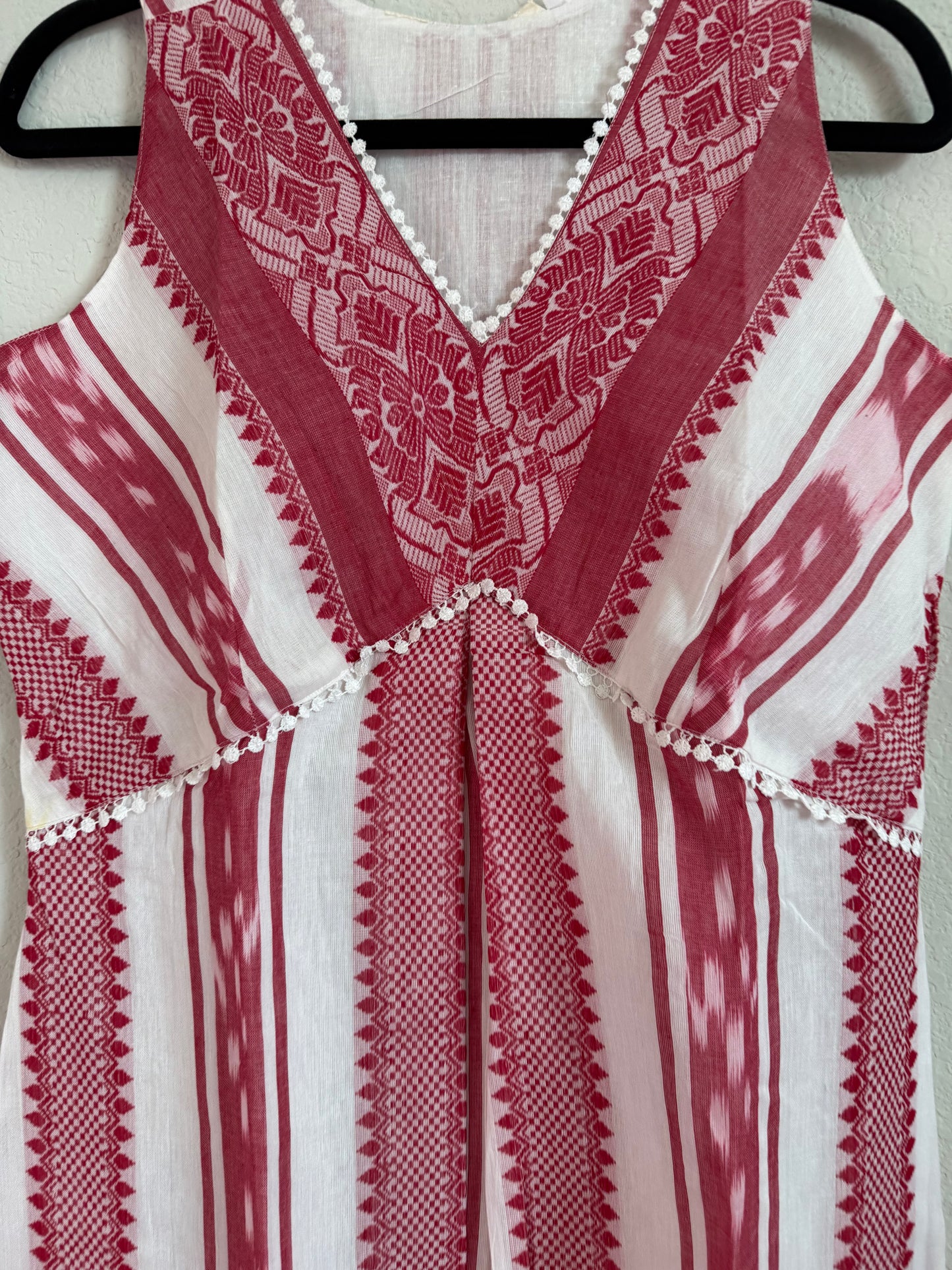 White and Red Summer Cotton Ikkath Sleeveless Dress - Sleeves available inside