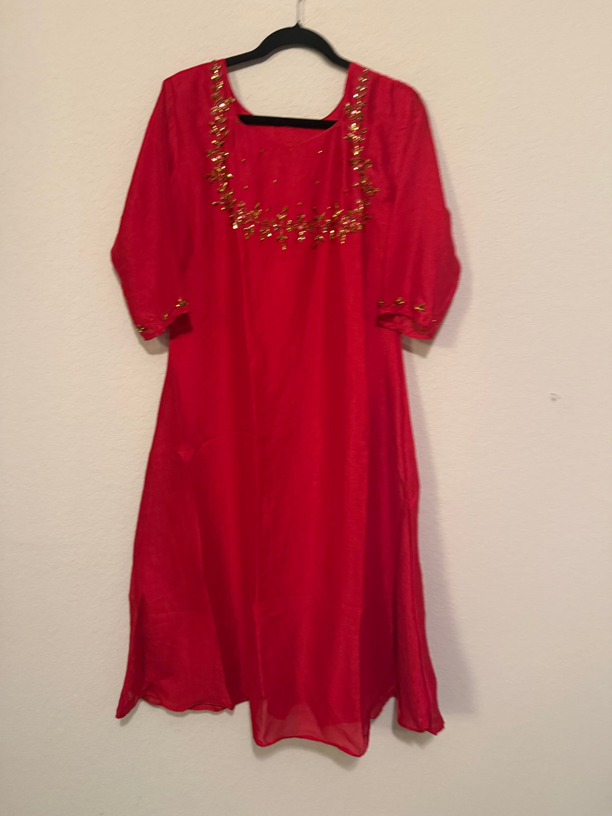 Red Vichitra Silk A-line Handwork Festive Kurti