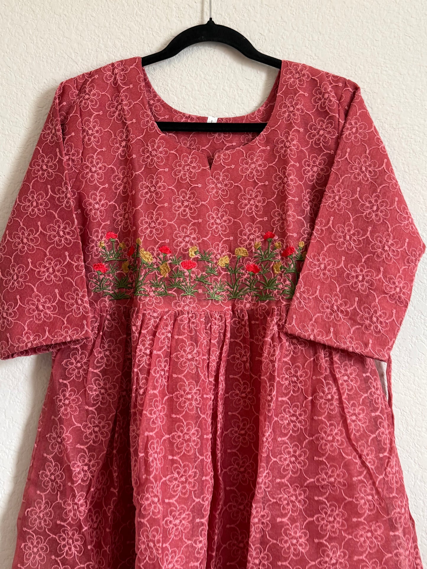 Peach Net Kota Embroidered Frock