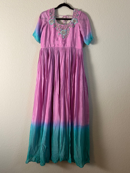 Light Pink with Teal Blue Chinnon Maggam Work Long Dress