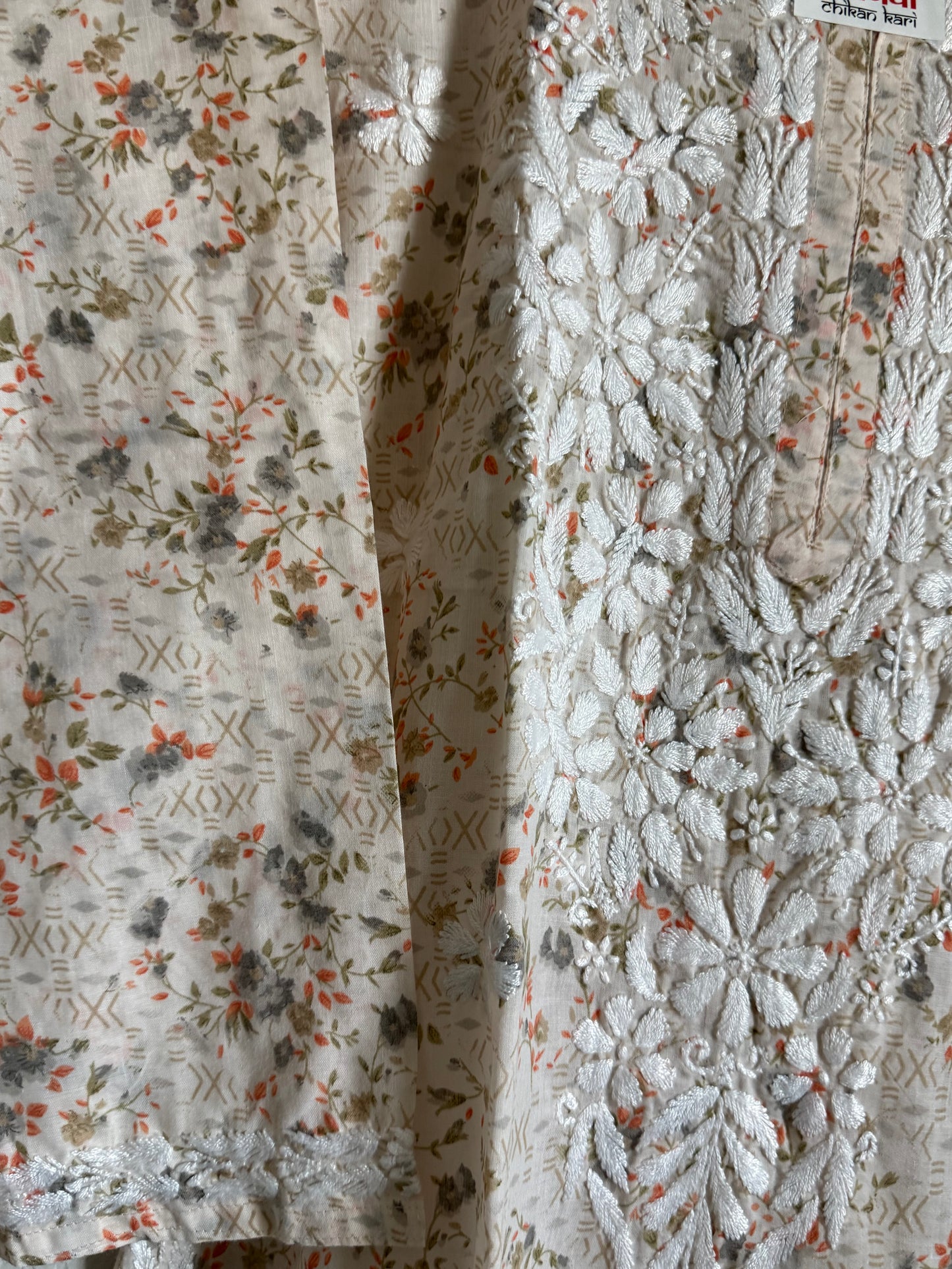 Orange Floral Printed Cotton Chikankari Coord Set - Top with Palazzo