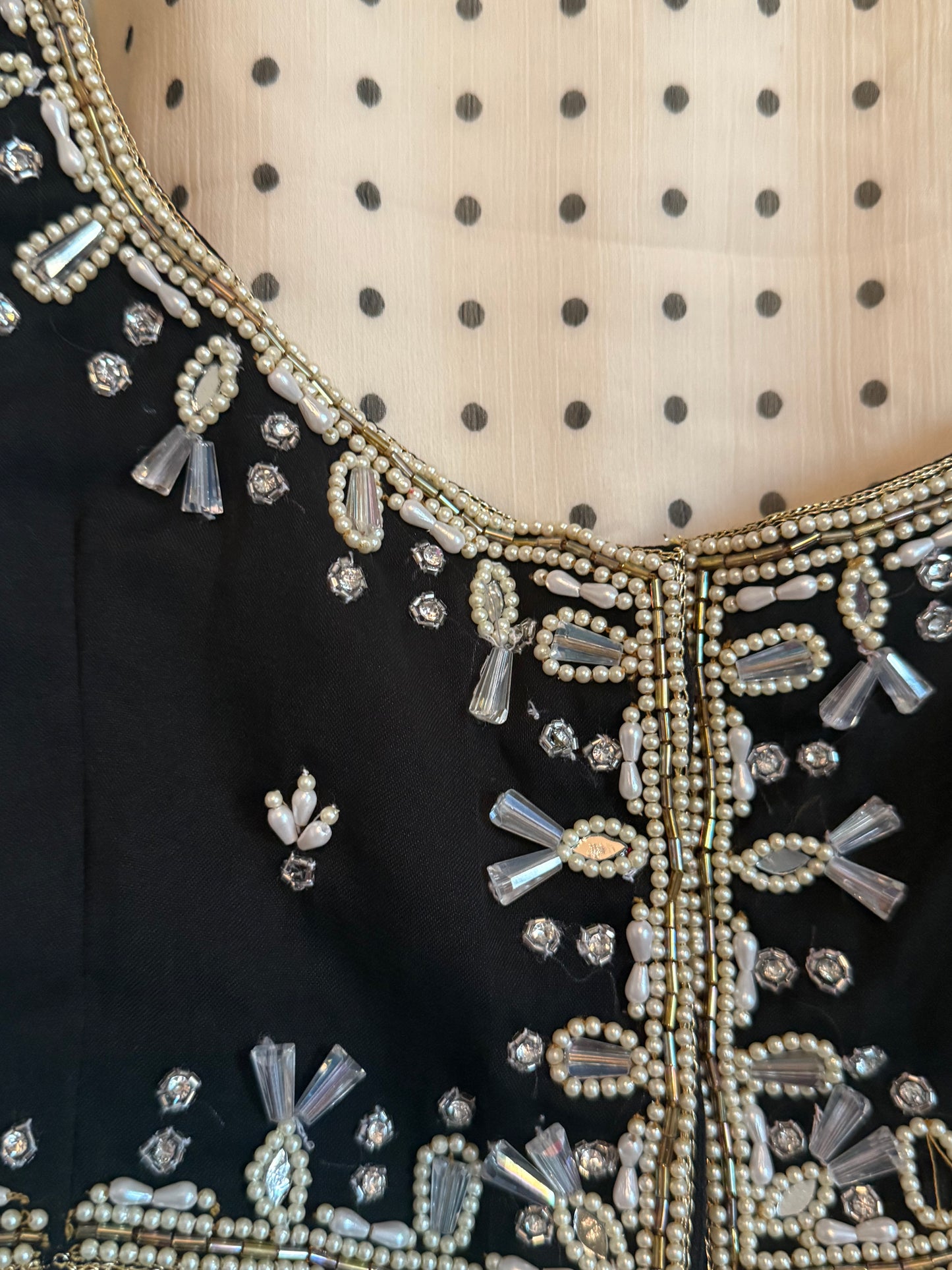 Half White Polka Dot Heavy Flared Georgette Full Sleeve Anarkali with Maggam Work Coat - Top + Dupatta