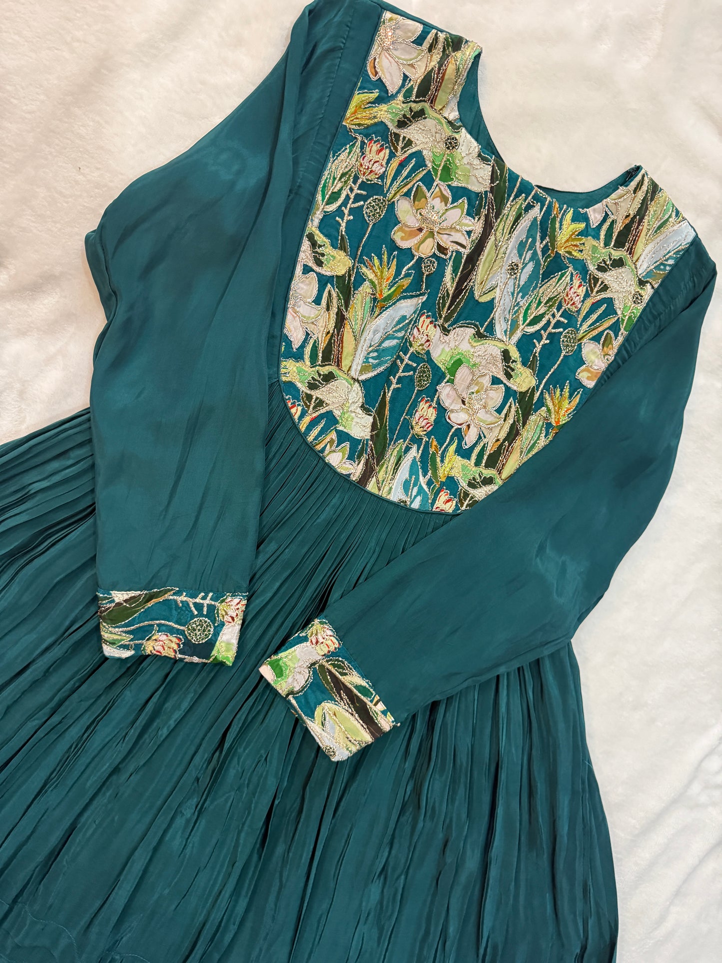 Bottle green crape silk anarkali tunic with yolk detailing