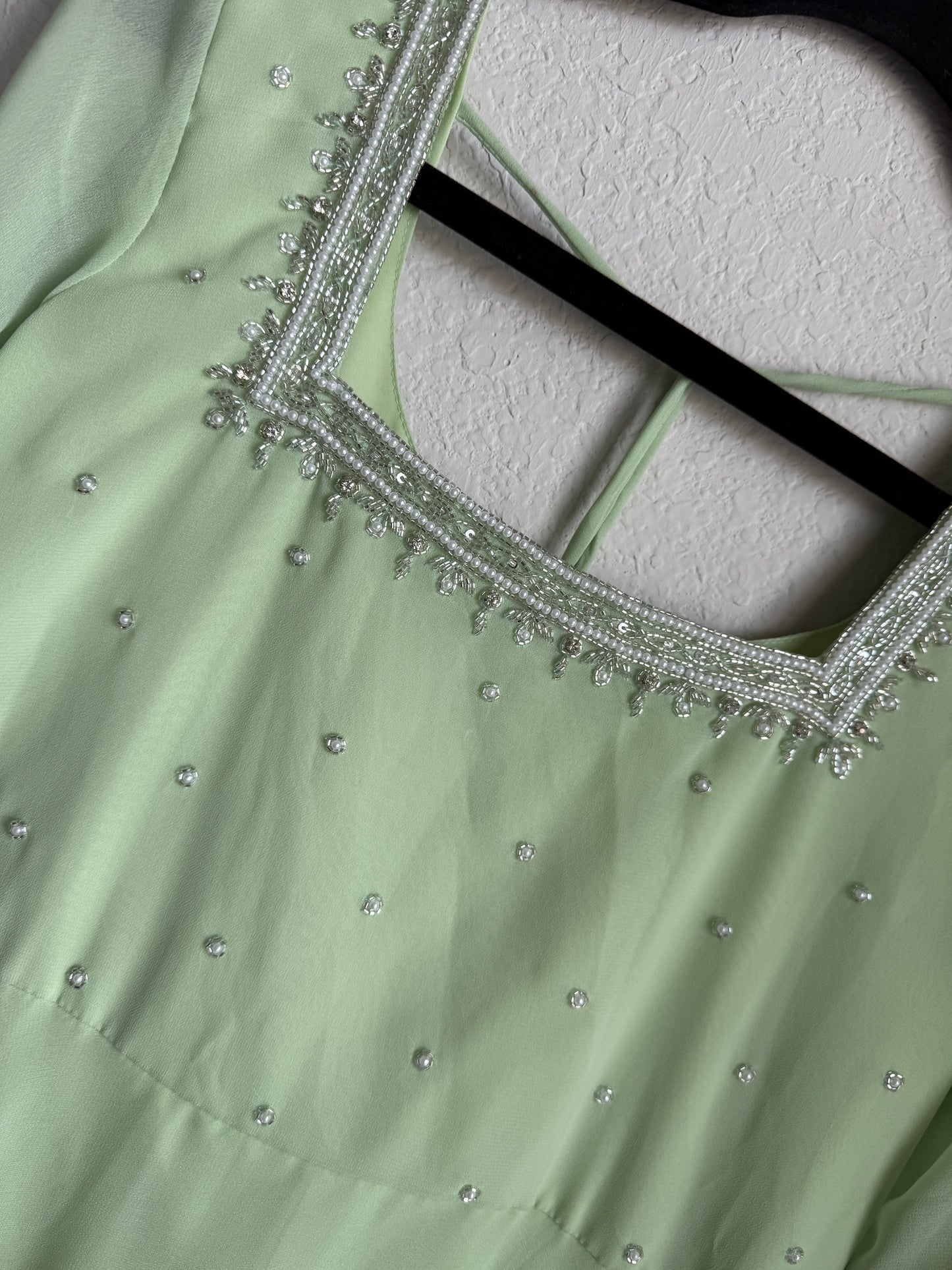 Pista green maggam work georgette heavy flare anarkali tunic