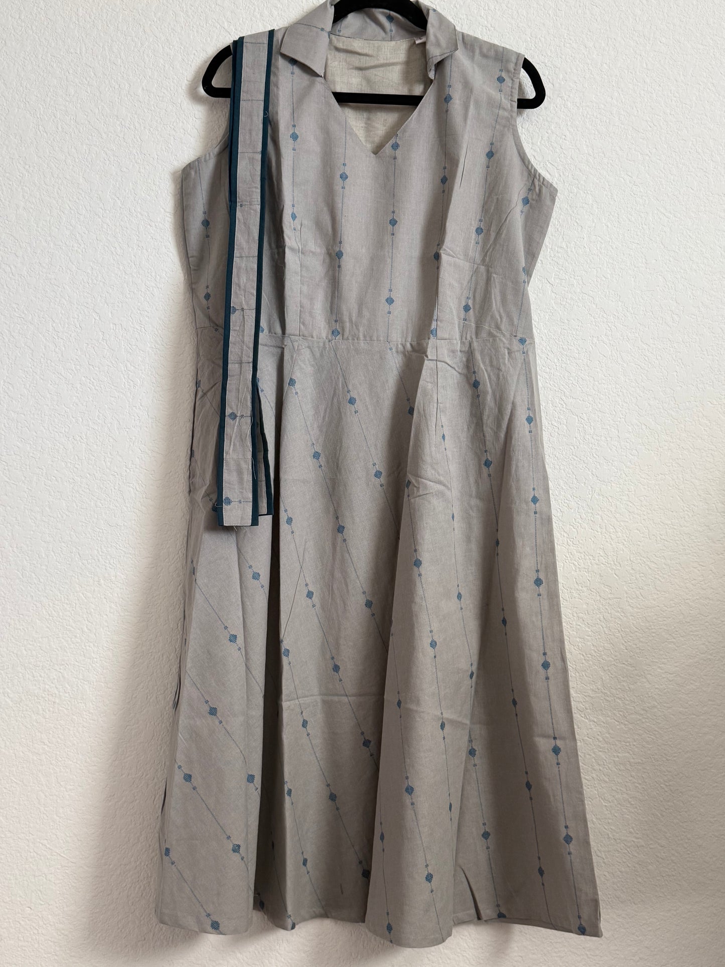 Gray with Blue Sleeveless Cotton Dress with Belt - Sleeves available