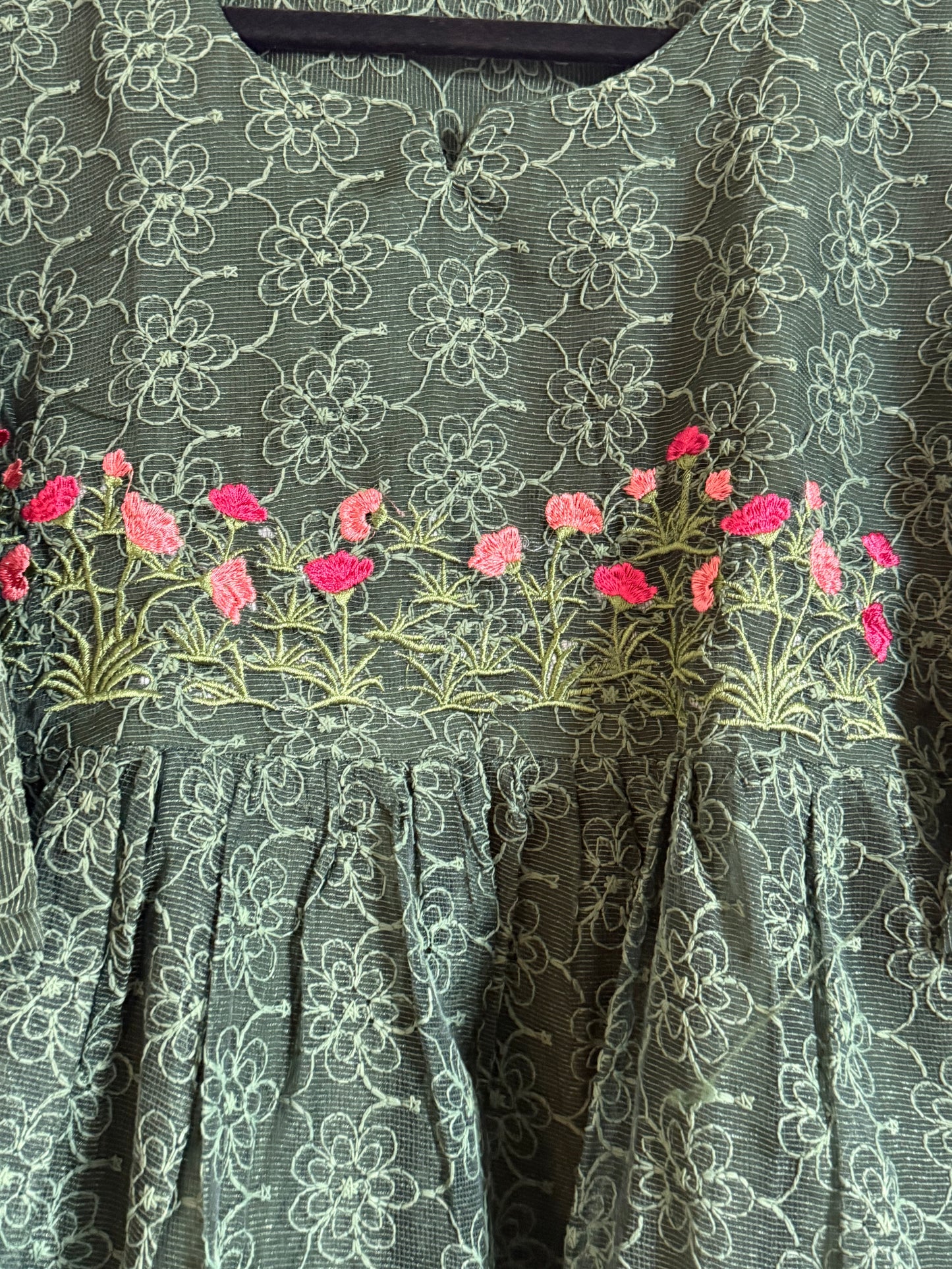 Bottle Green Net Kota Embroidered Frock