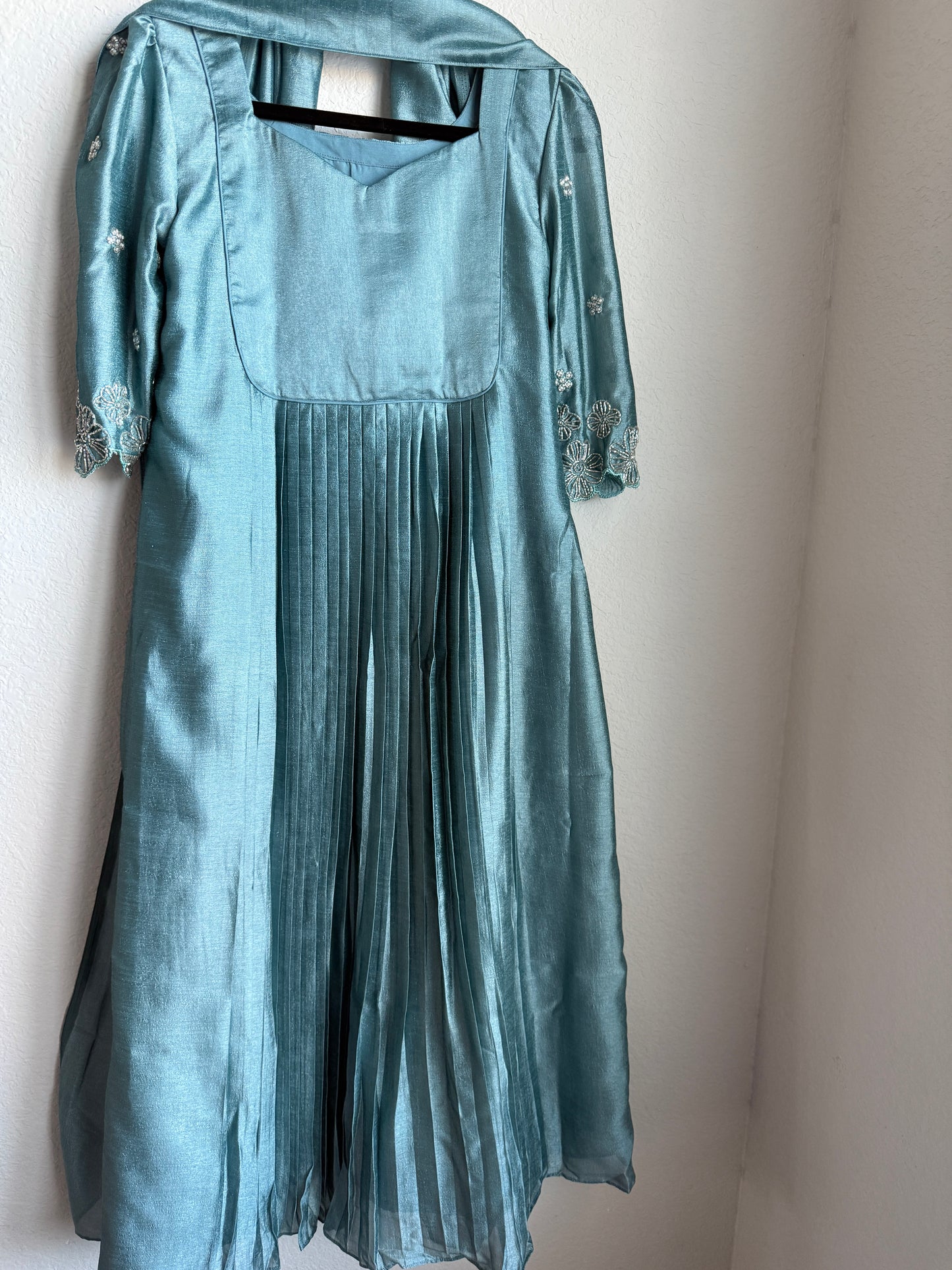 Green shade blooming silk handwork pleated anarkali set