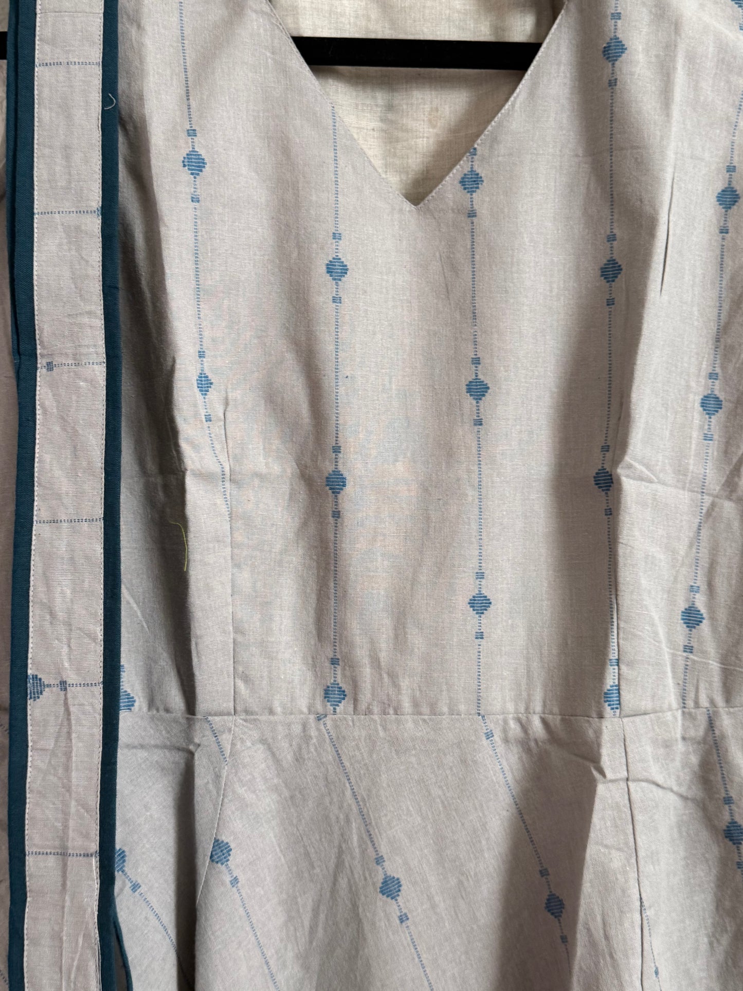 Gray with Blue Sleeveless Cotton Dress with Belt - Sleeves available