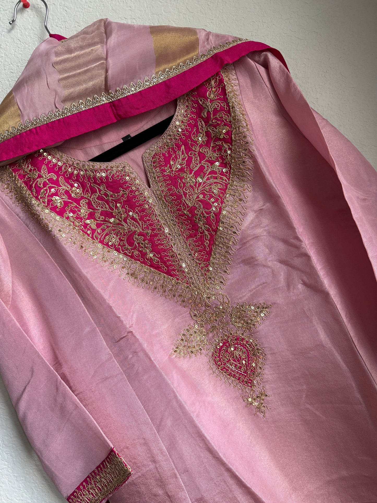 Baby pink tissue A-line kurti set with gorgeous tissue dupatta