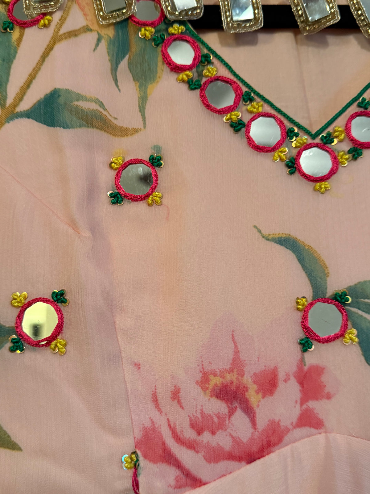 Peachish Pink Shade Soft Georgette Heavy Flared Floral Mirror Work Anarkali Set - Top and Dupatta