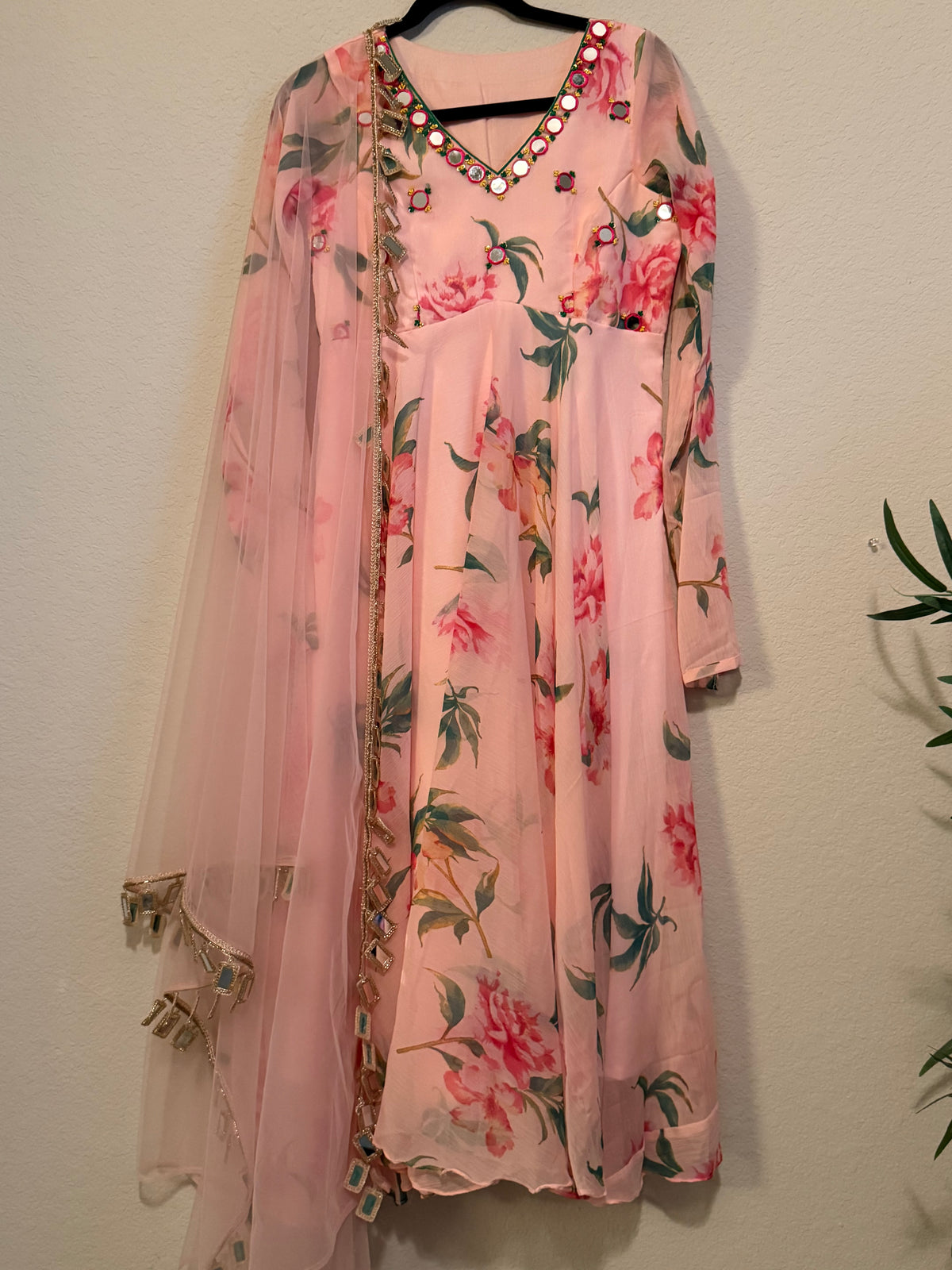 Peachish Pink Shade Soft Georgette Heavy Flared Floral Mirror Work Anarkali Set - Top and Dupatta