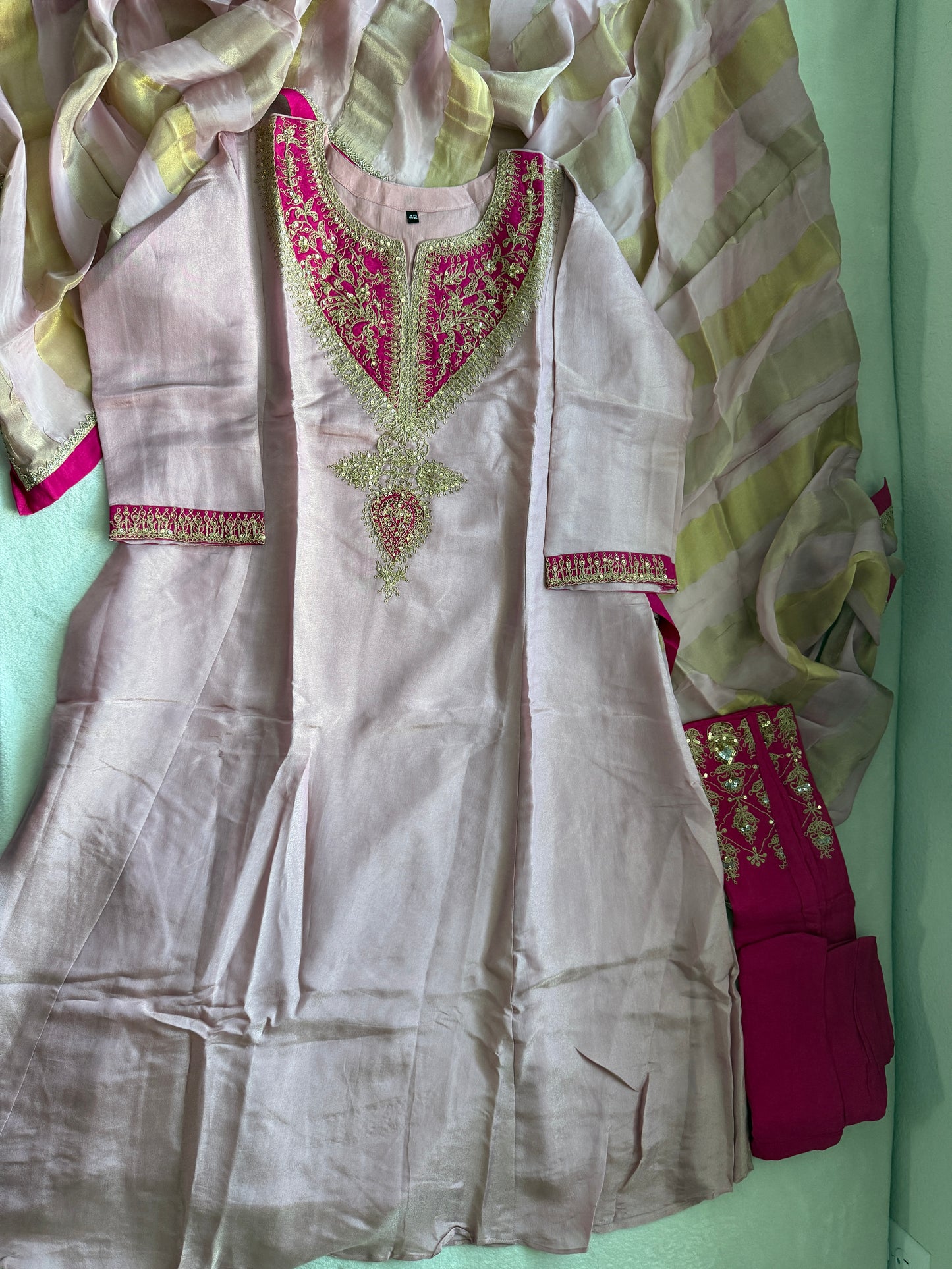 Baby pink tissue A-line kurti set with gorgeous tissue dupatta