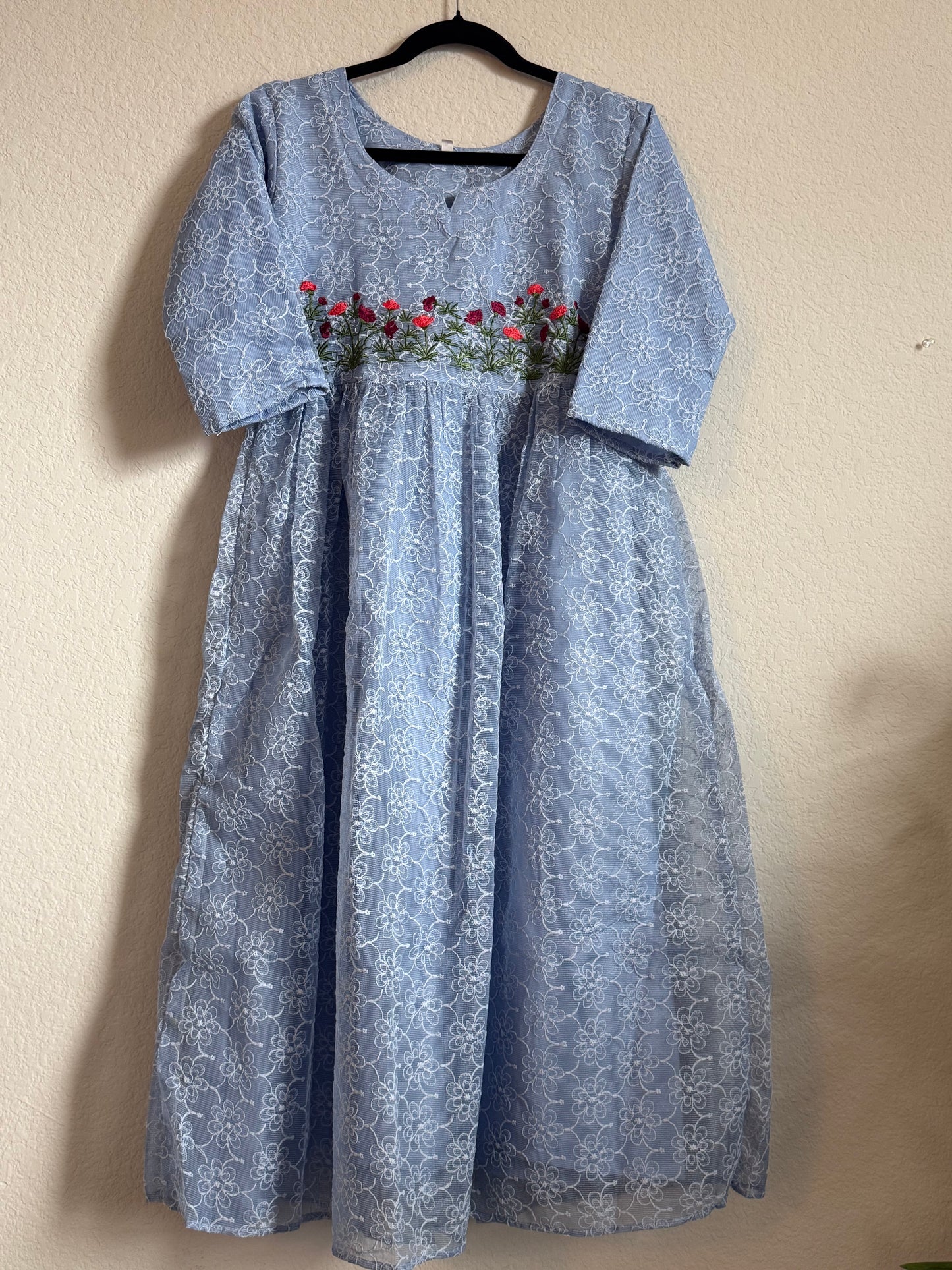 Powder Blue Net Kota Embroidered Frock