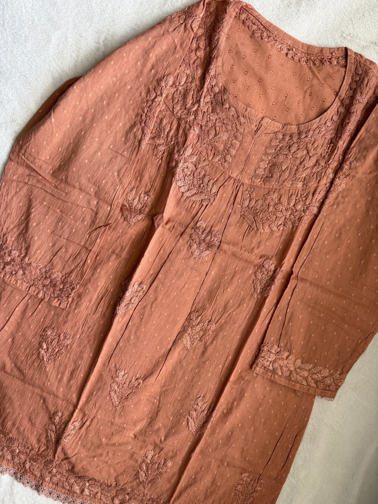 Brown dolby cotton chikankari short kurti