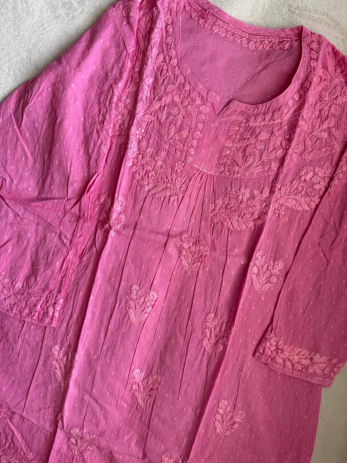 Pink dolby cotton chikankari short kurti