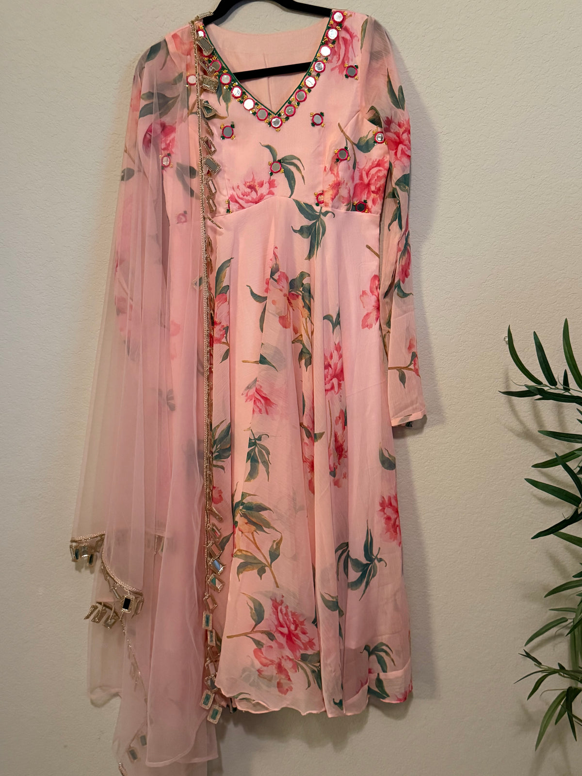 Peachish Pink Shade Soft Georgette Heavy Flared Floral Mirror Work Anarkali Set - Top and Dupatta