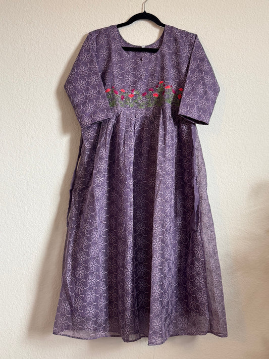 Purple Net Kota Embroidered Frock