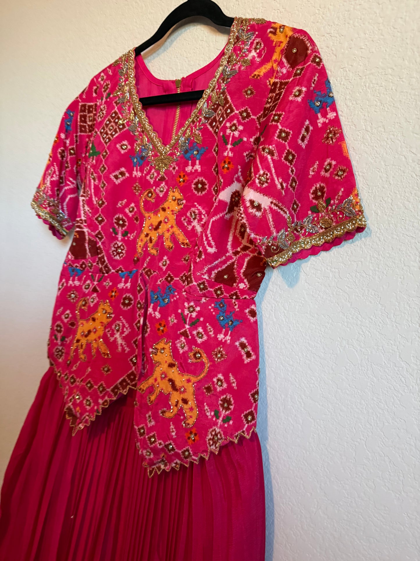 Pink Pure Patola Diamond Cut Pattern Peplum Top with Skirt Set