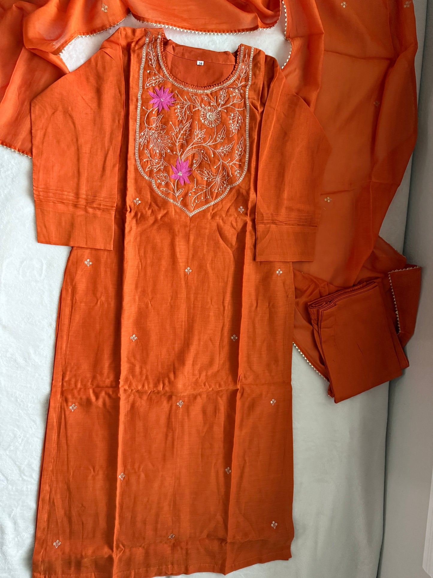 Rust Orange Mul Chanderi Straight Cut Kurti Set with Dupatta – Elegant Party & Festive Wear