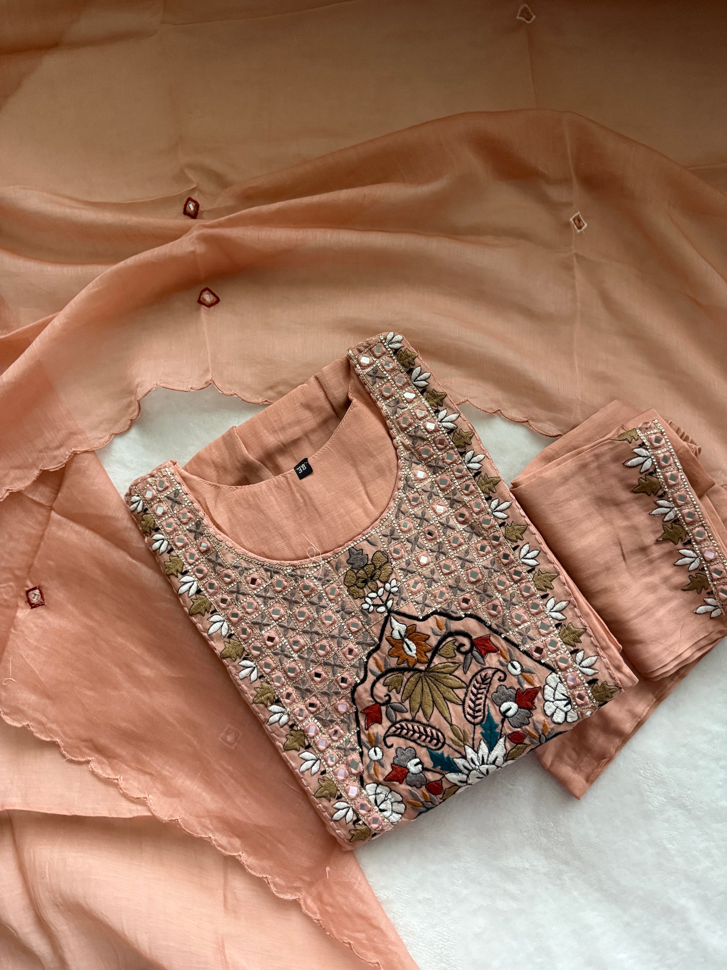 Peach shade pure mul chanderi embroidered anarkali set